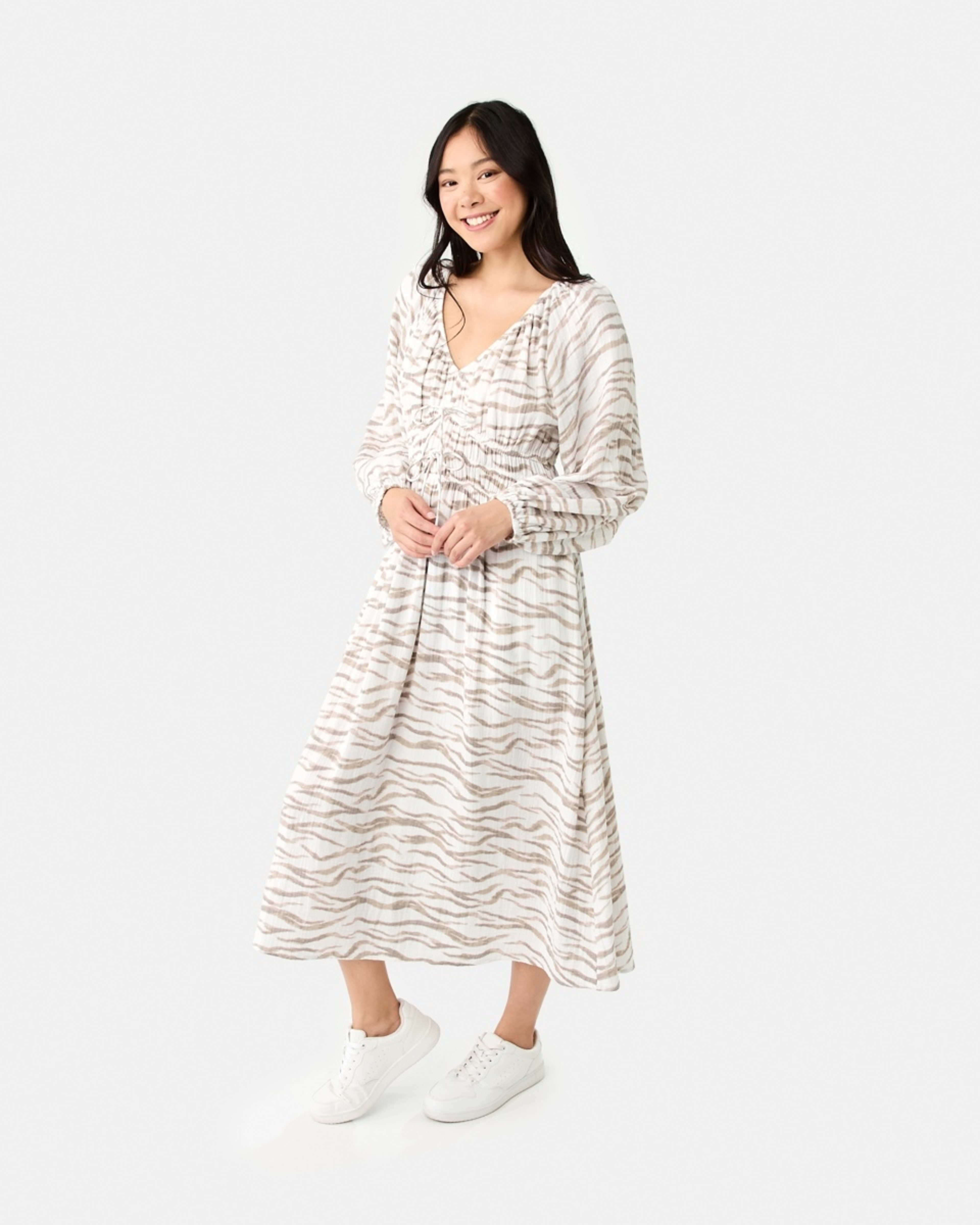 3 Long Sleeve Shirred Detail Midi Dress SOFT ZEBRA CLOUD DANCER, 3 of 8