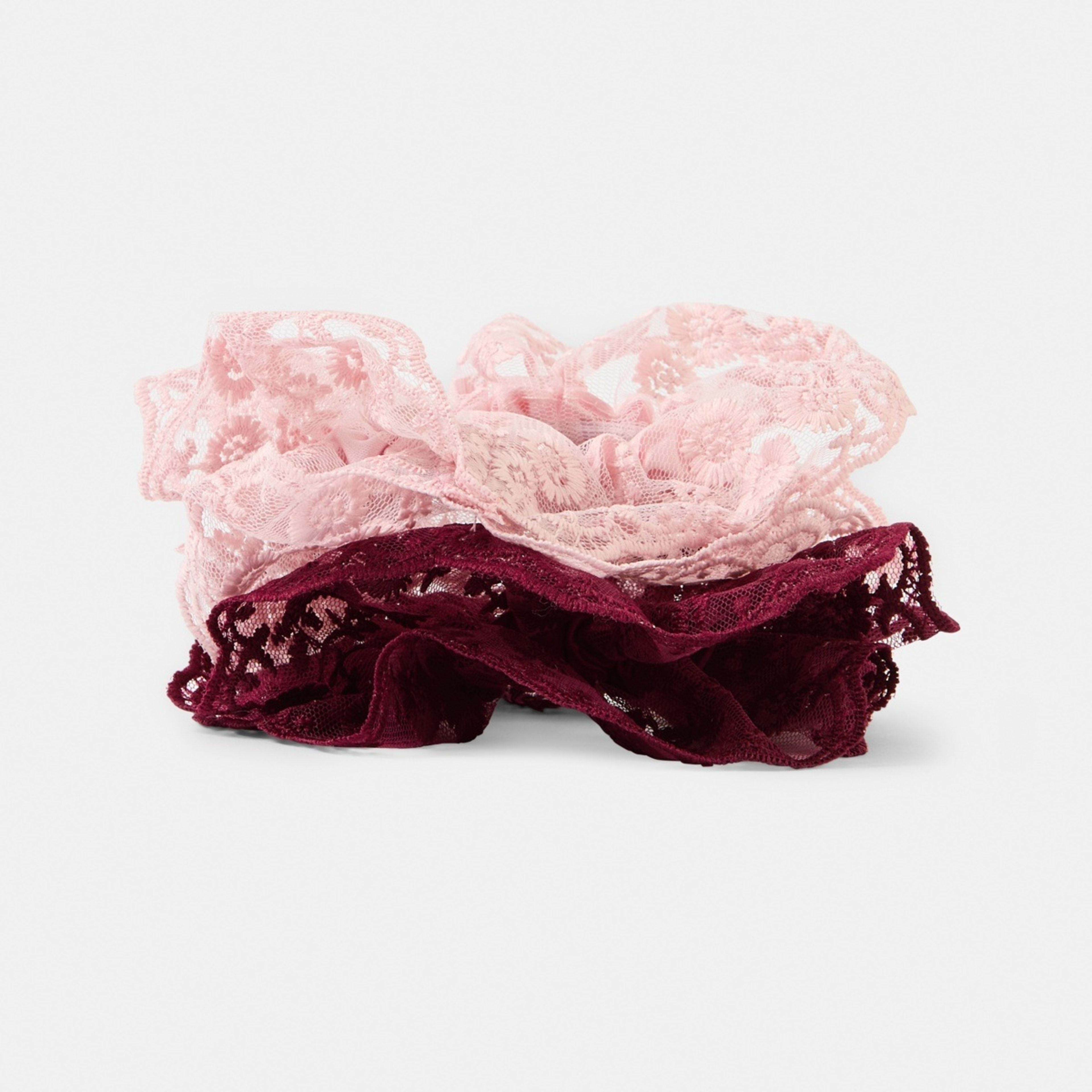 1 2 Pack Frill Lace Hair Scrunchies - Burgundy Red and Pink