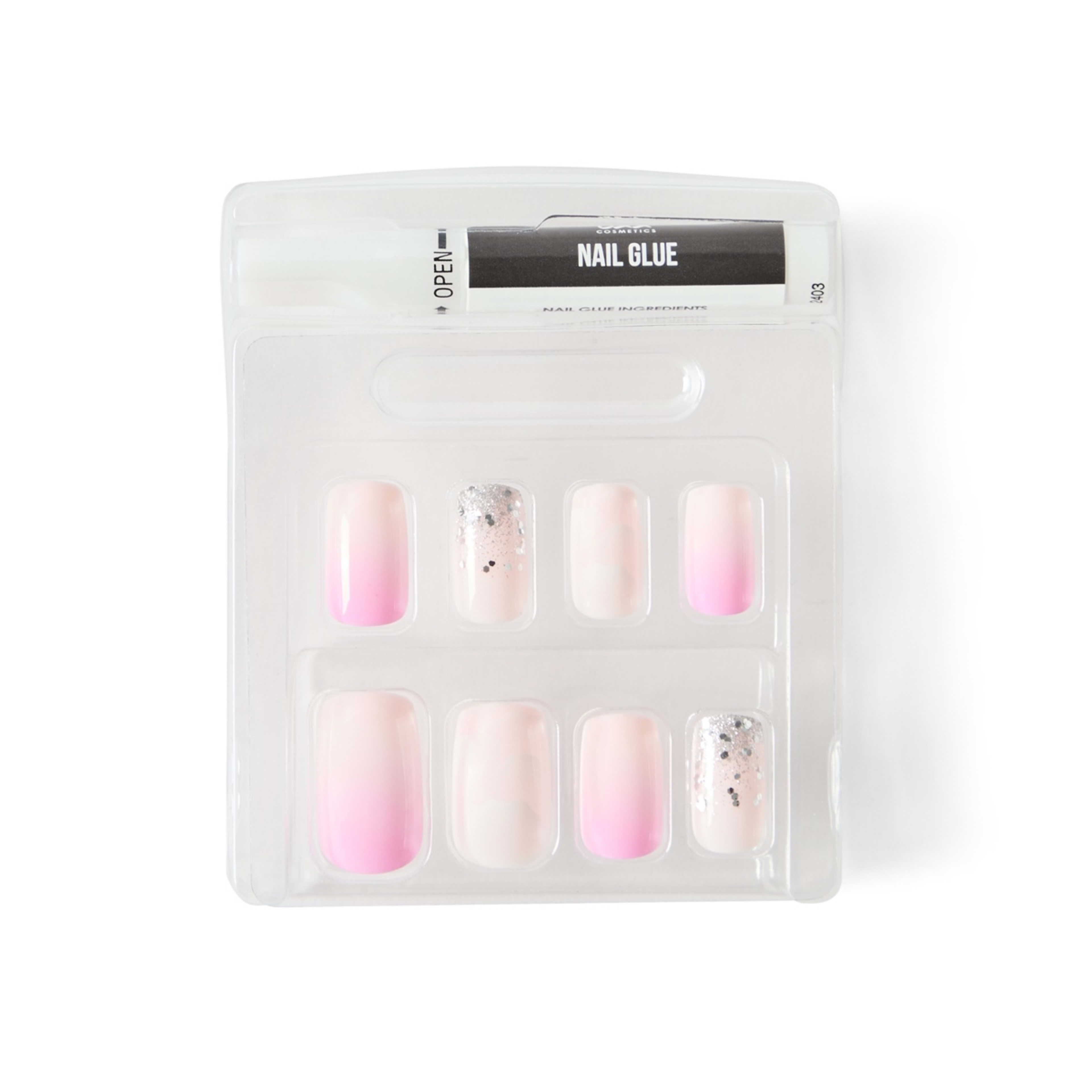 4 OXX Cosmetics 24 Pack Artificial Nails with Adhesive - Medium Square Shape, Pink Ombre and Silver Glitter, 4 of 4