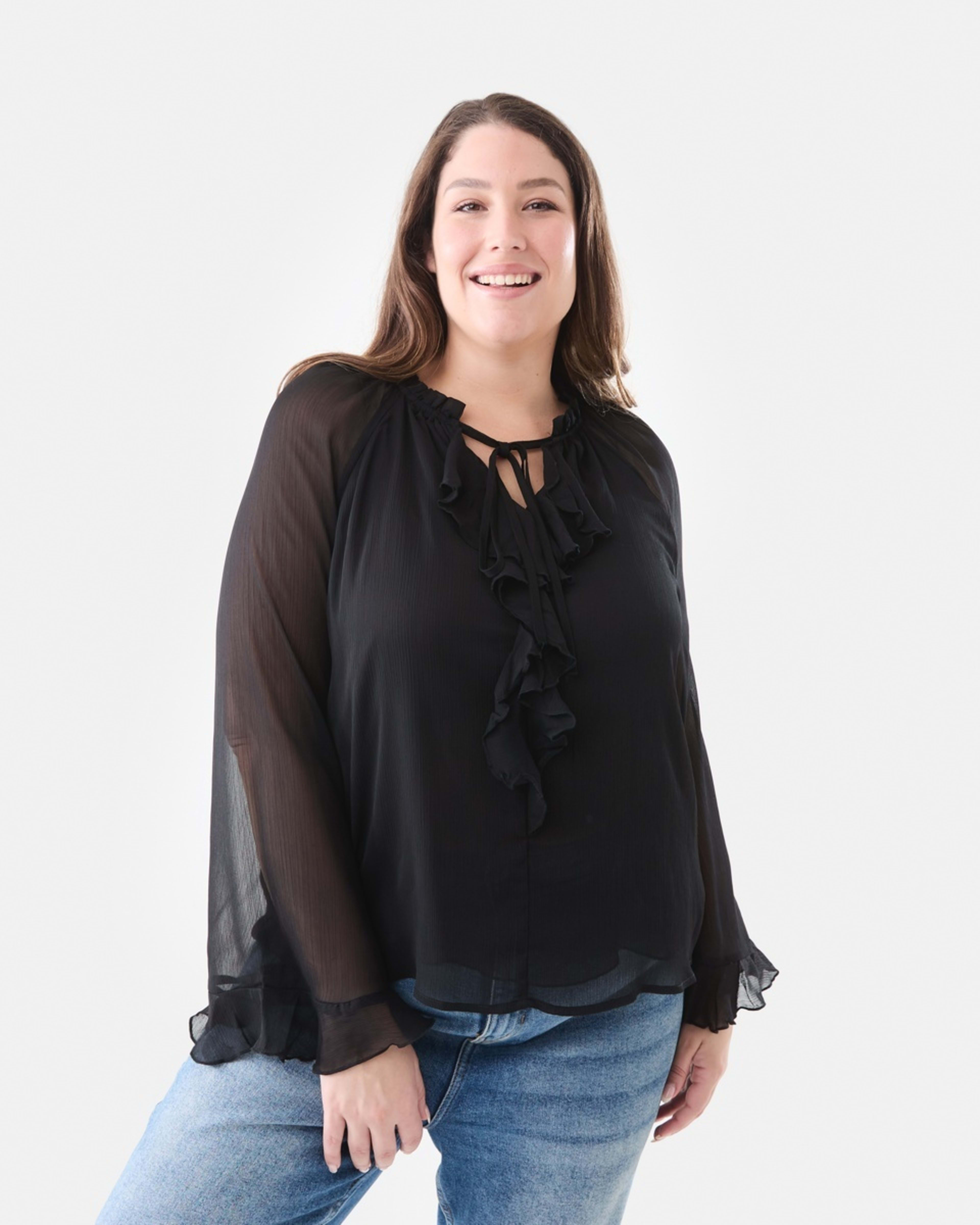 1 Long Sleeve Frill Blouse Black, 1 of 6