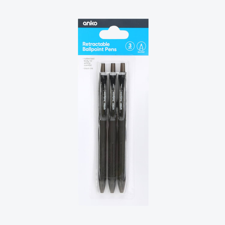 3 Pack Retractable Ballpoint Pens Black Kmart