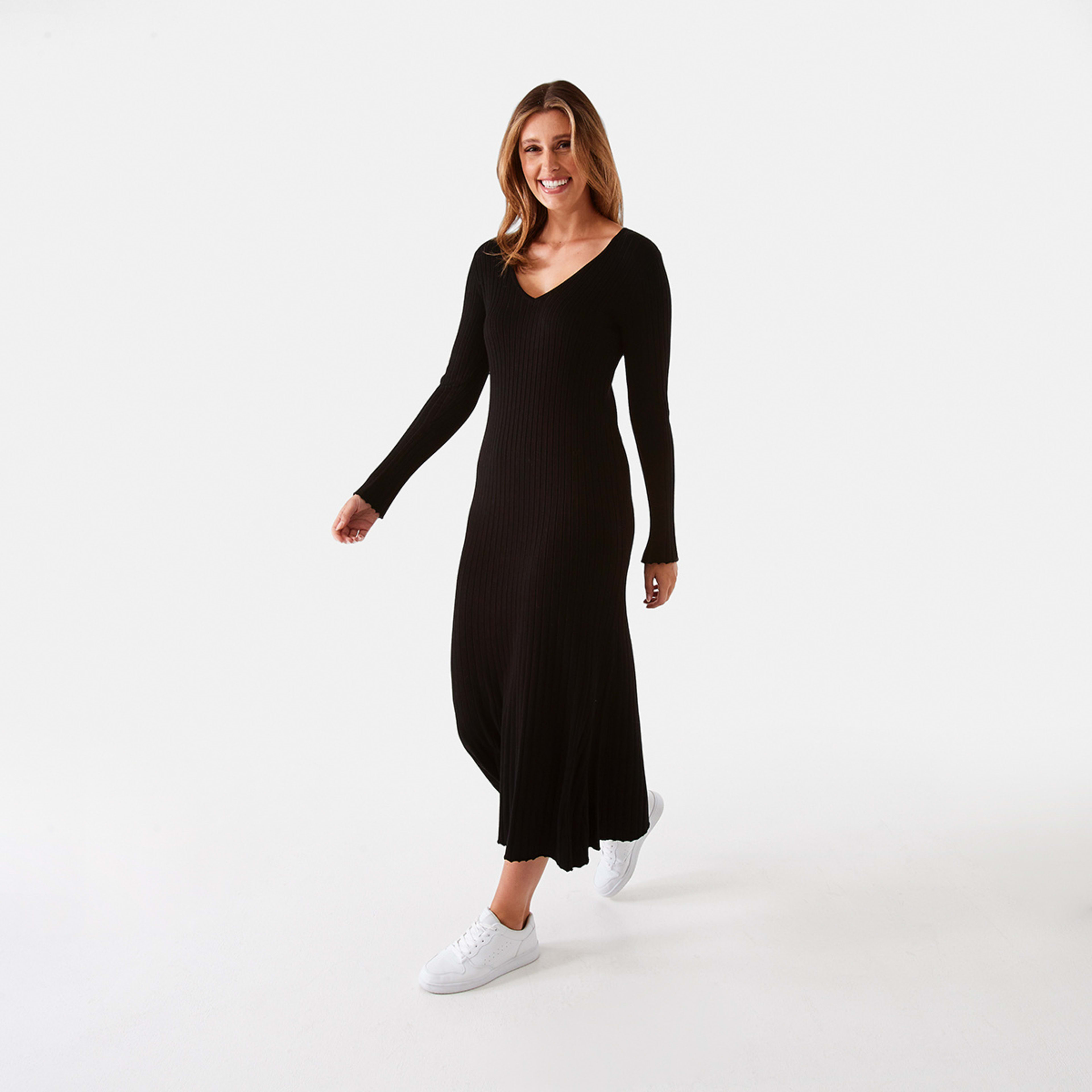 2 Long Sleeve V-Neck Ribbed Maxi Dress Black, 2 of 6