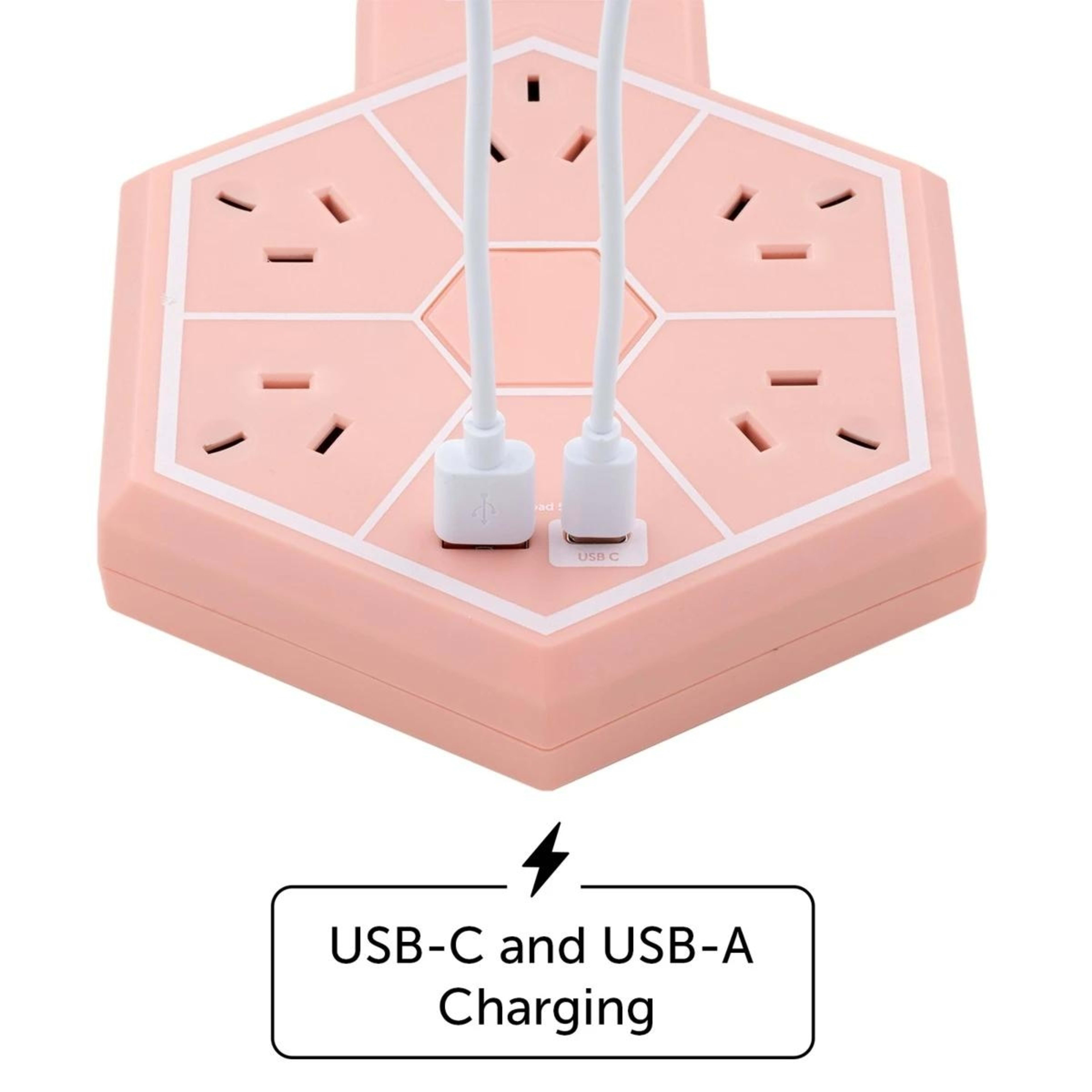 4 Arlec 5 Outlet Hexagon USB A & C Charging Ports Powerboard - Pink, 4 of 6