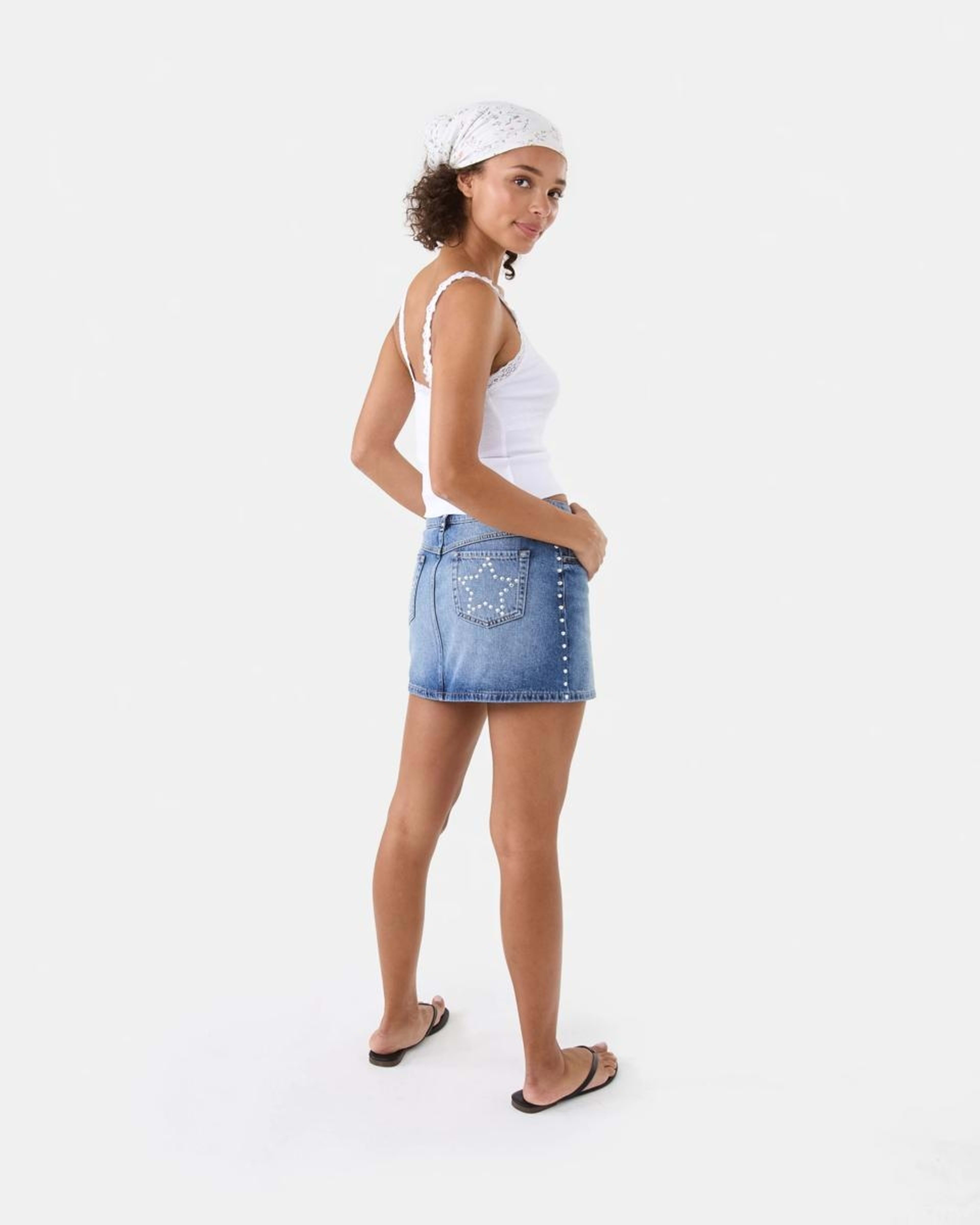 6 Star Studded Denim Mini Skirt Mid Wash, 6 of 9