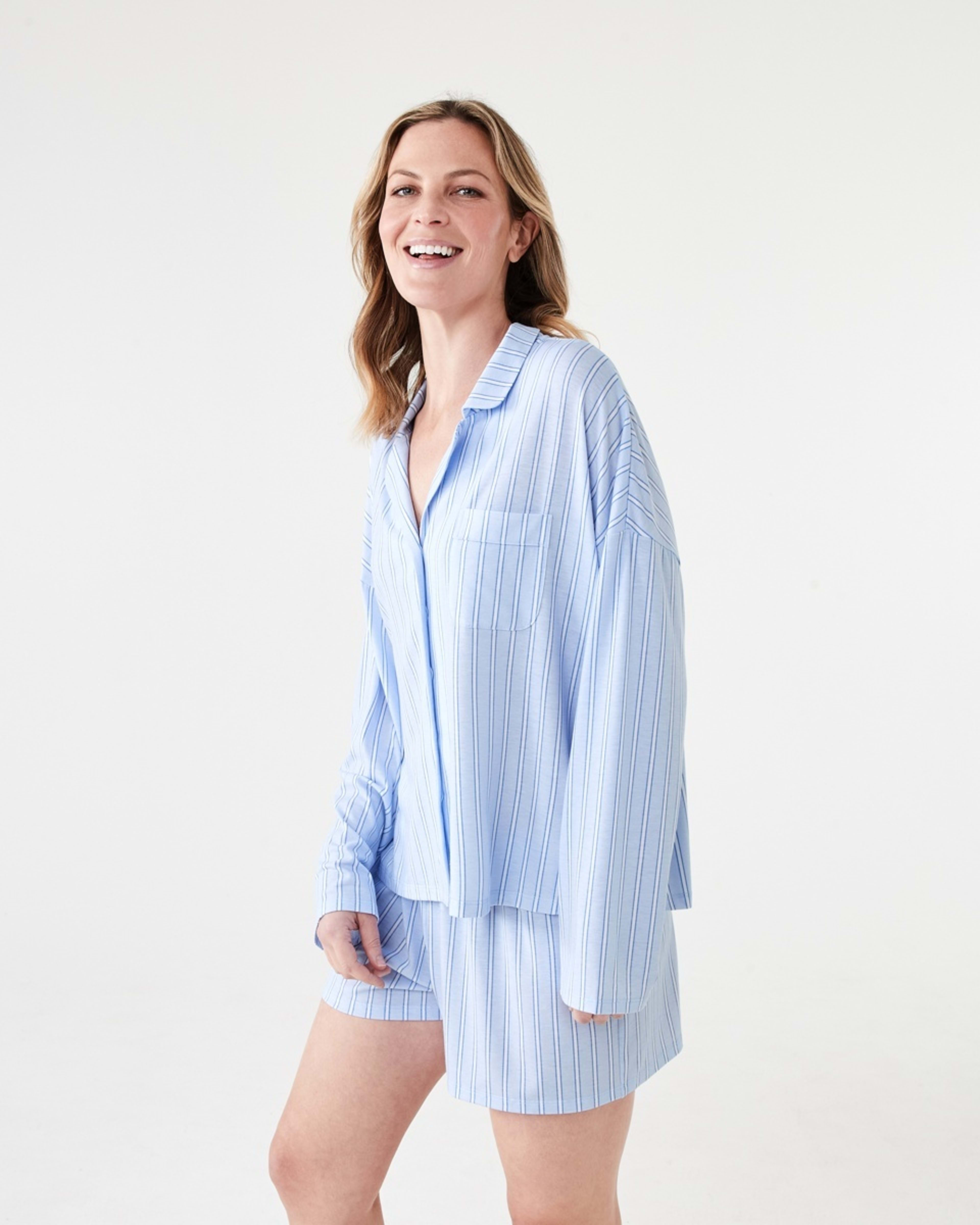 2 Long Sleeve Top and Shorts Comfort Pyjama Set TONAL STRIPE HALOGEN BLUE, 2 of 8