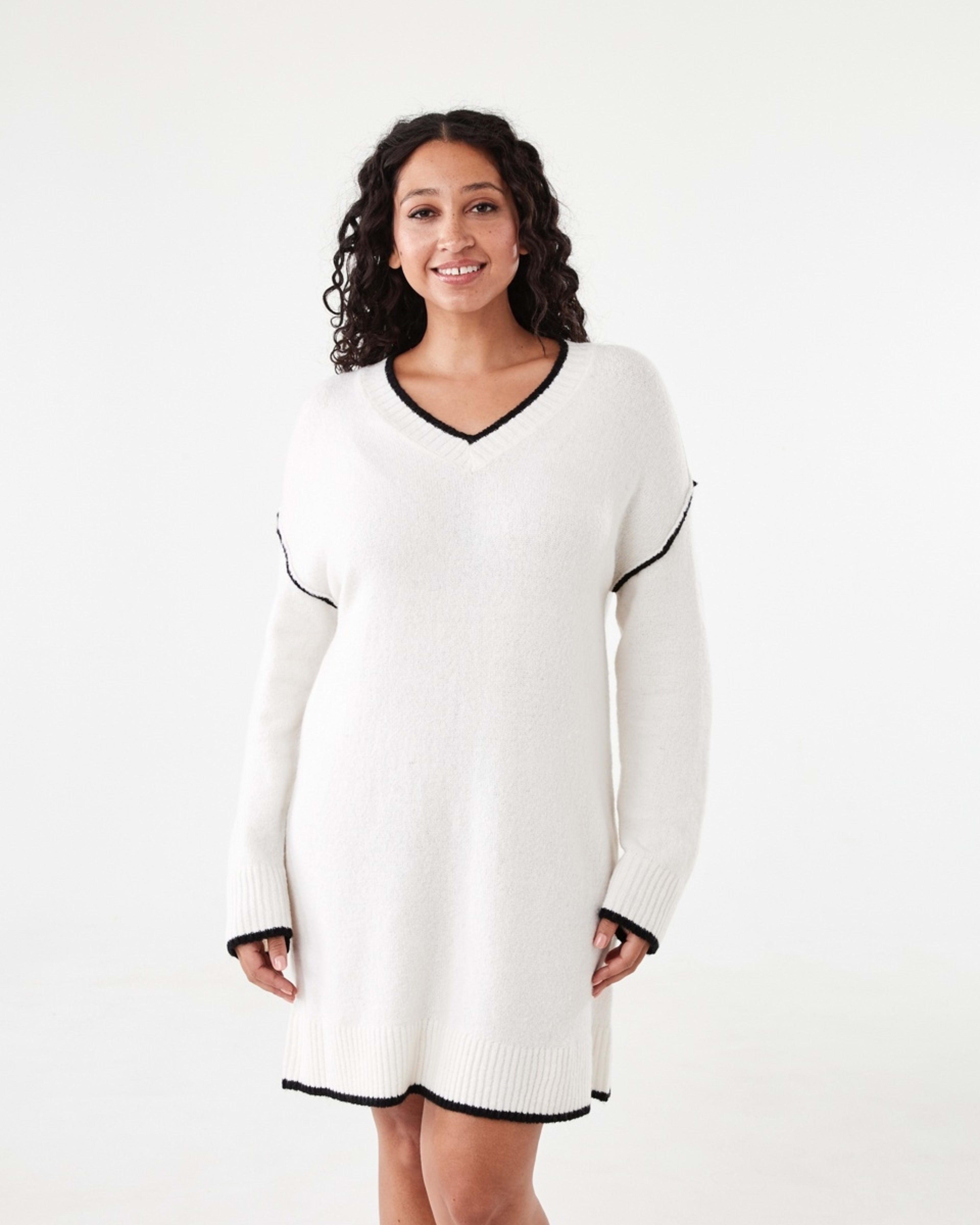 1 Long Sleeve V-Neck Sweater Mini Dress Ecru
