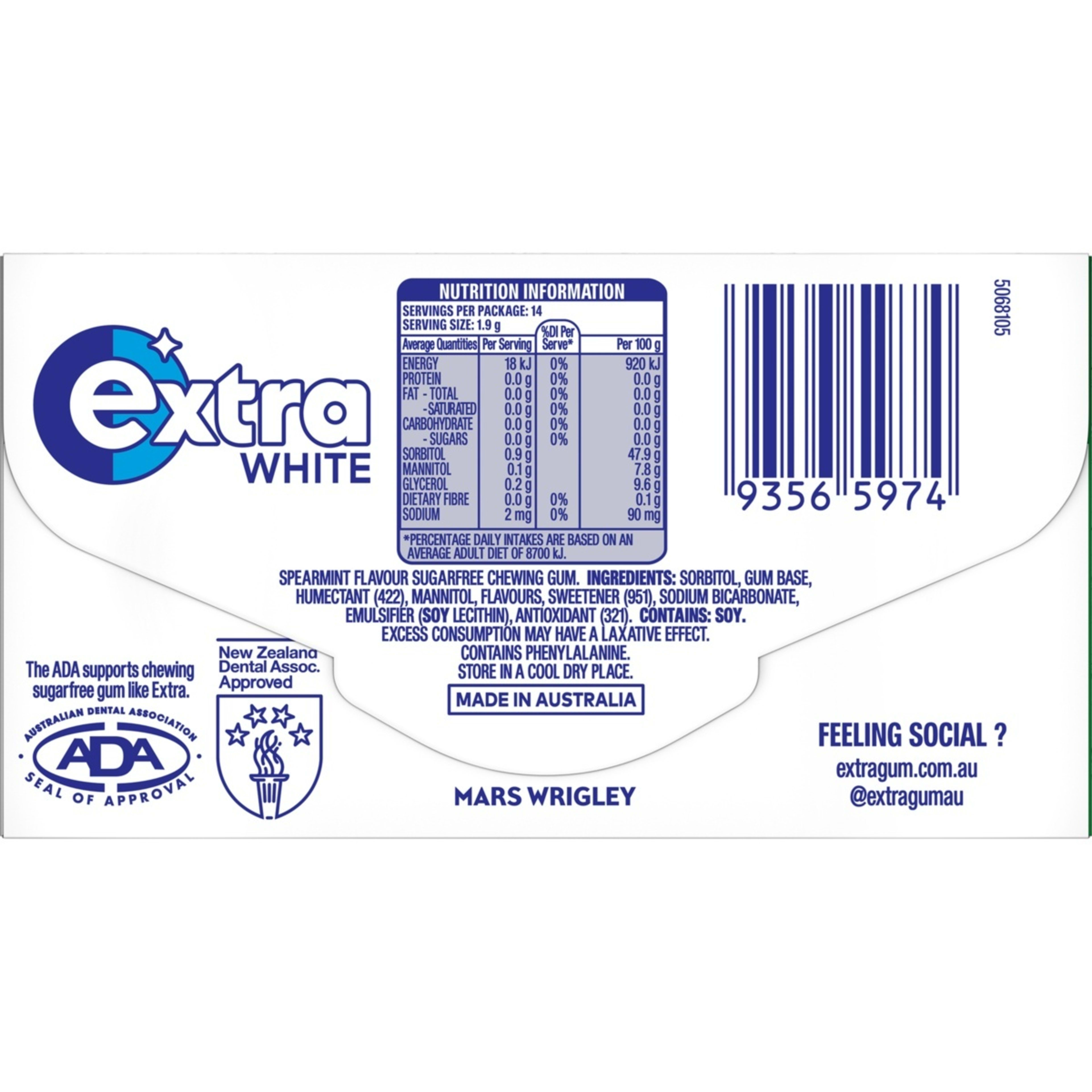 2 14 Piece Wrigley's Extra White Spearmint Gum 27g, 2 of 5