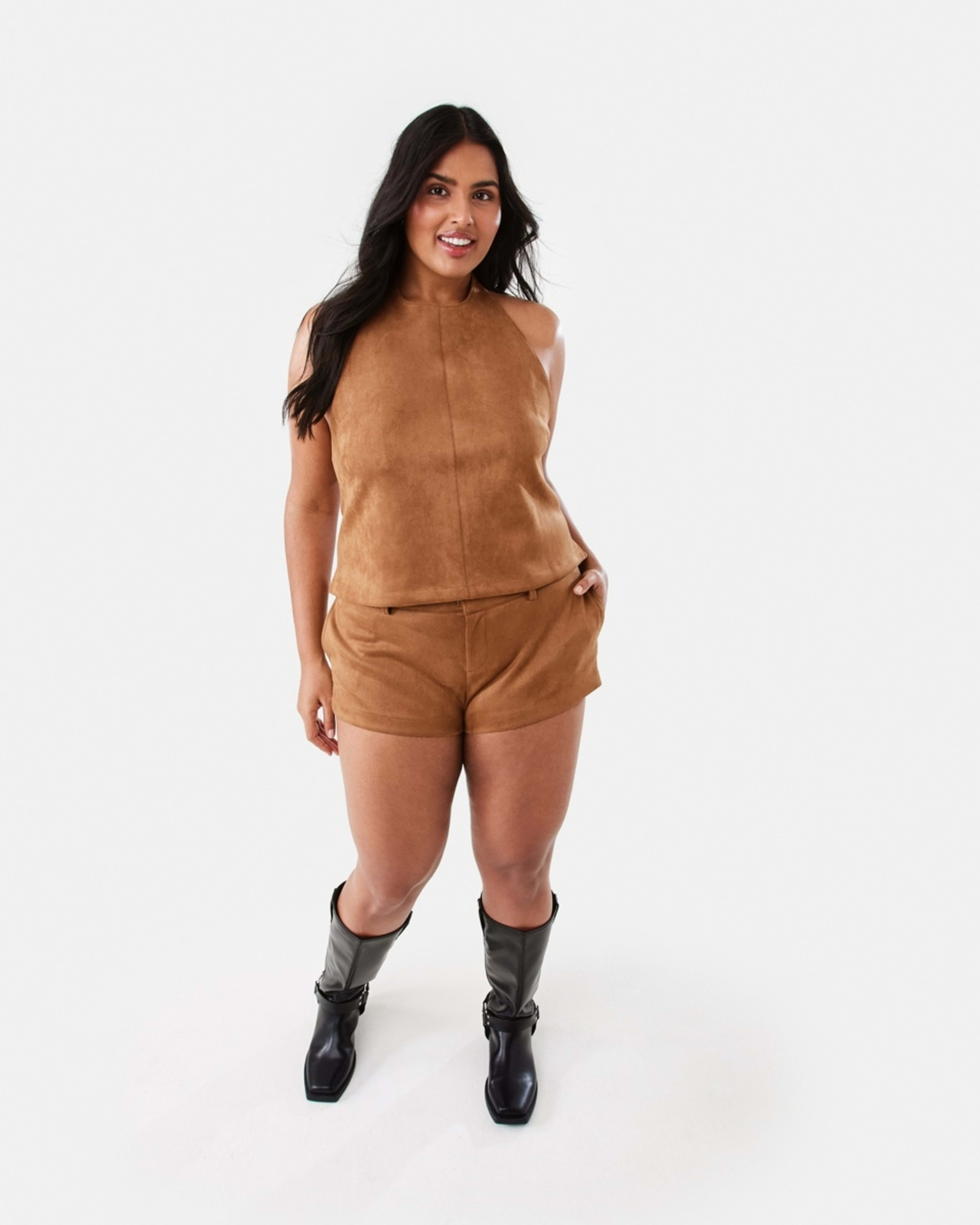 4 Sleeveless Halter Suede Top DEEP CAMEL, 4 of 10
