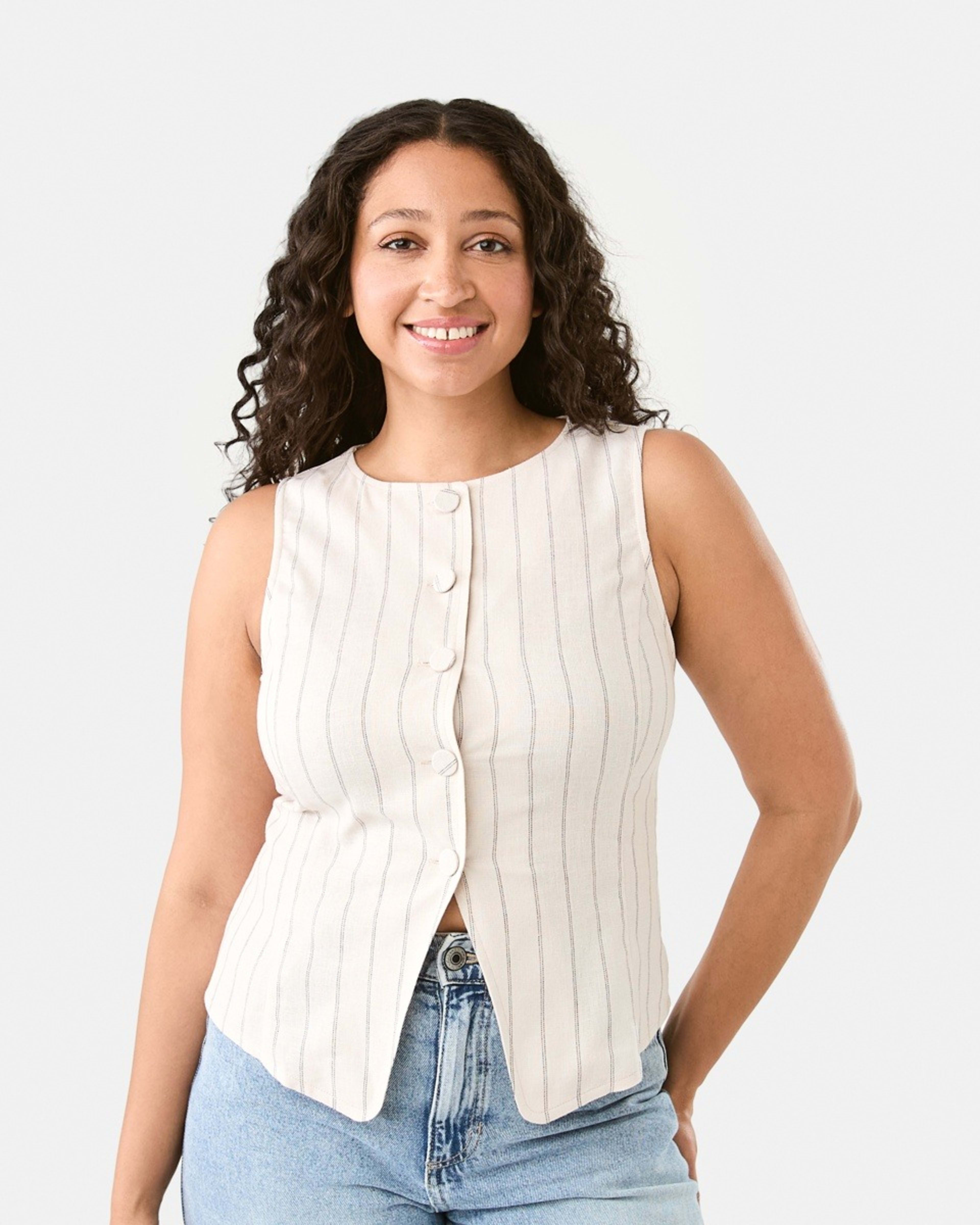 1 Sleeveless Crew Neck Linen Blend Waistcoat Dot Stripe, 1 of 6