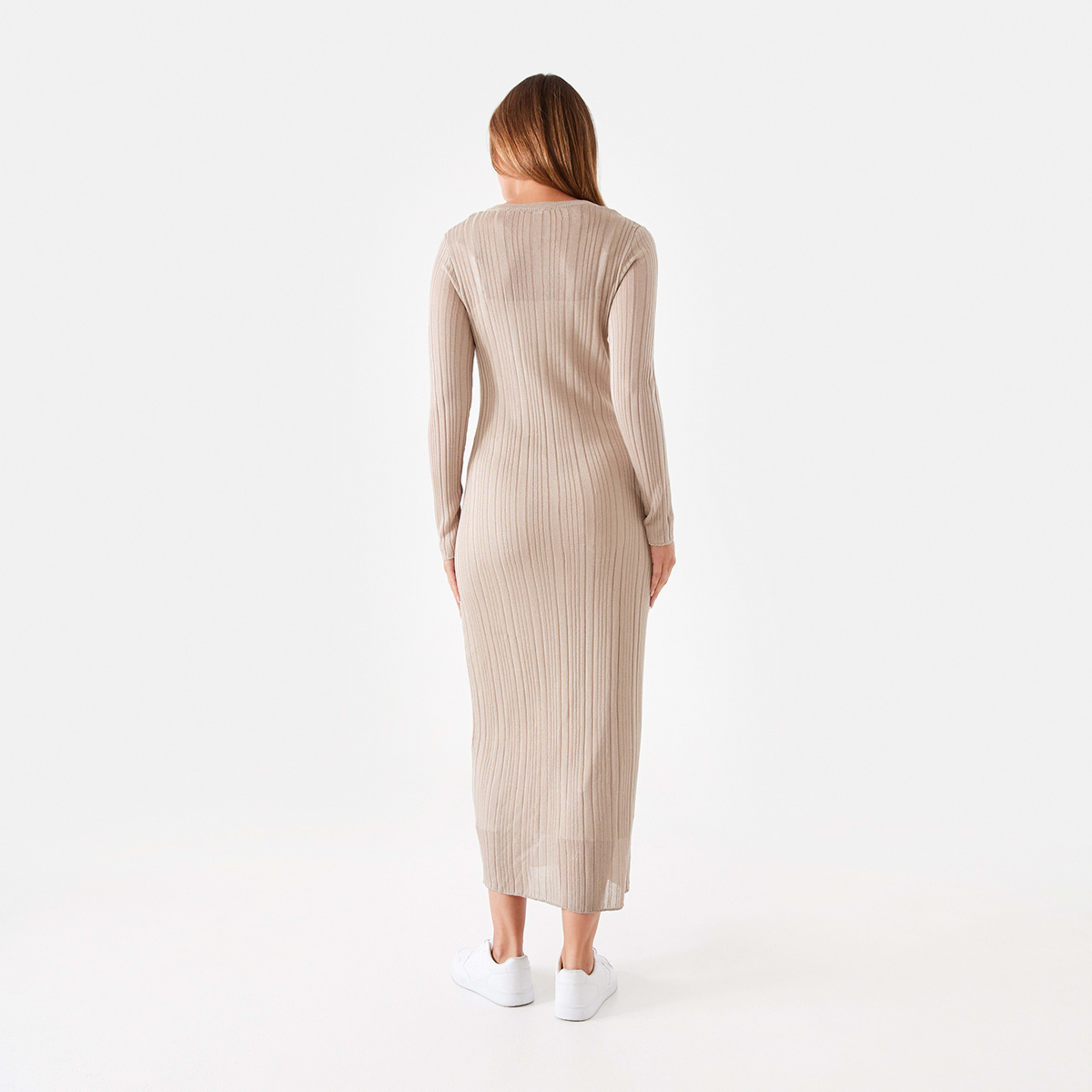 4 Long Sleeve Sheer Midi Dress Ash Beige, 4 of 9