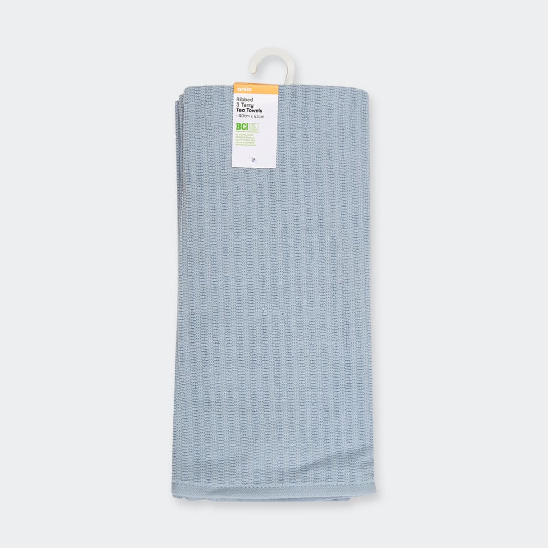 3 Pack Blue Ribbed Terry Tea Towels Kmart