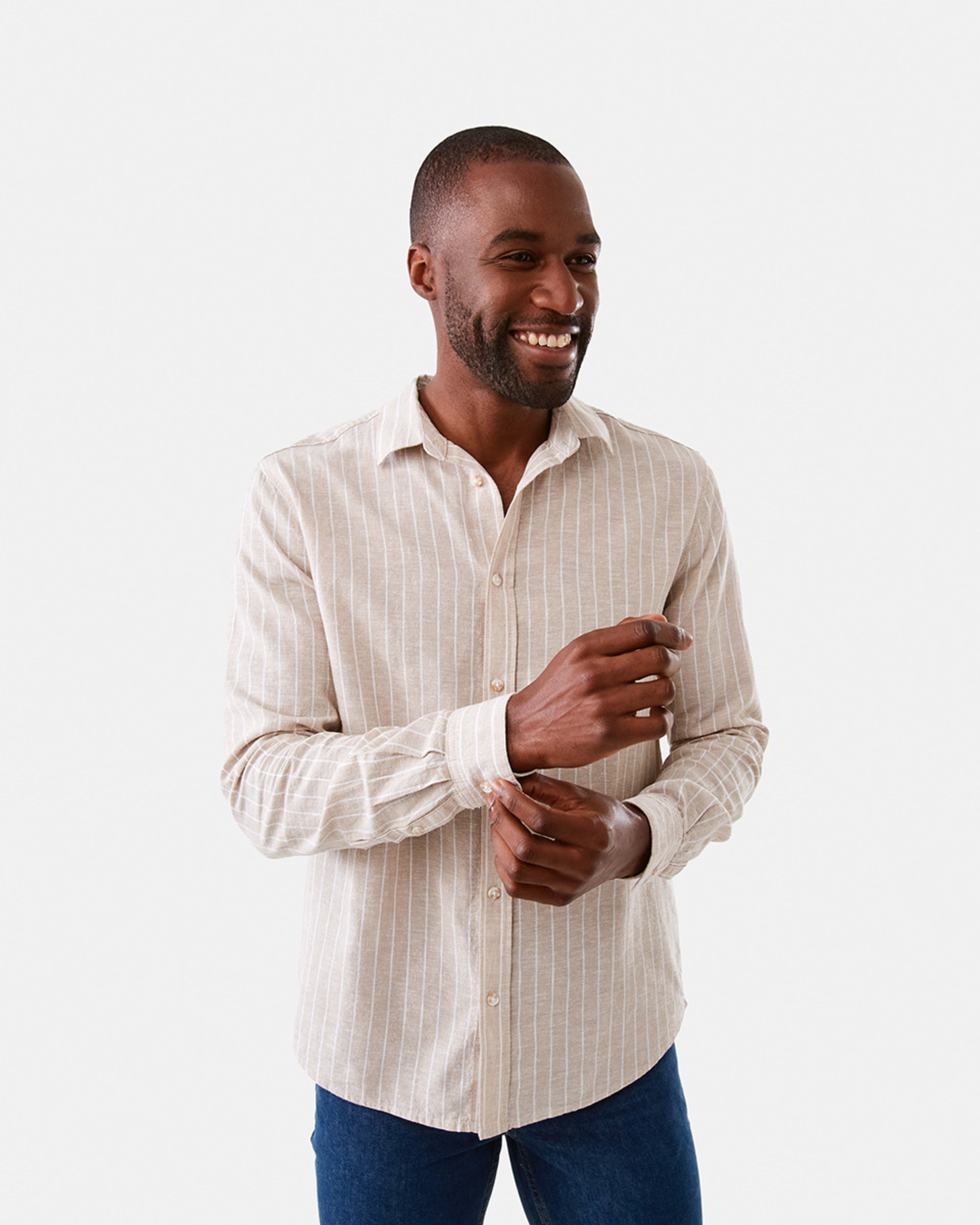 1 Long Sleeve Stripe Linen Blend Shirt Nat Stripe