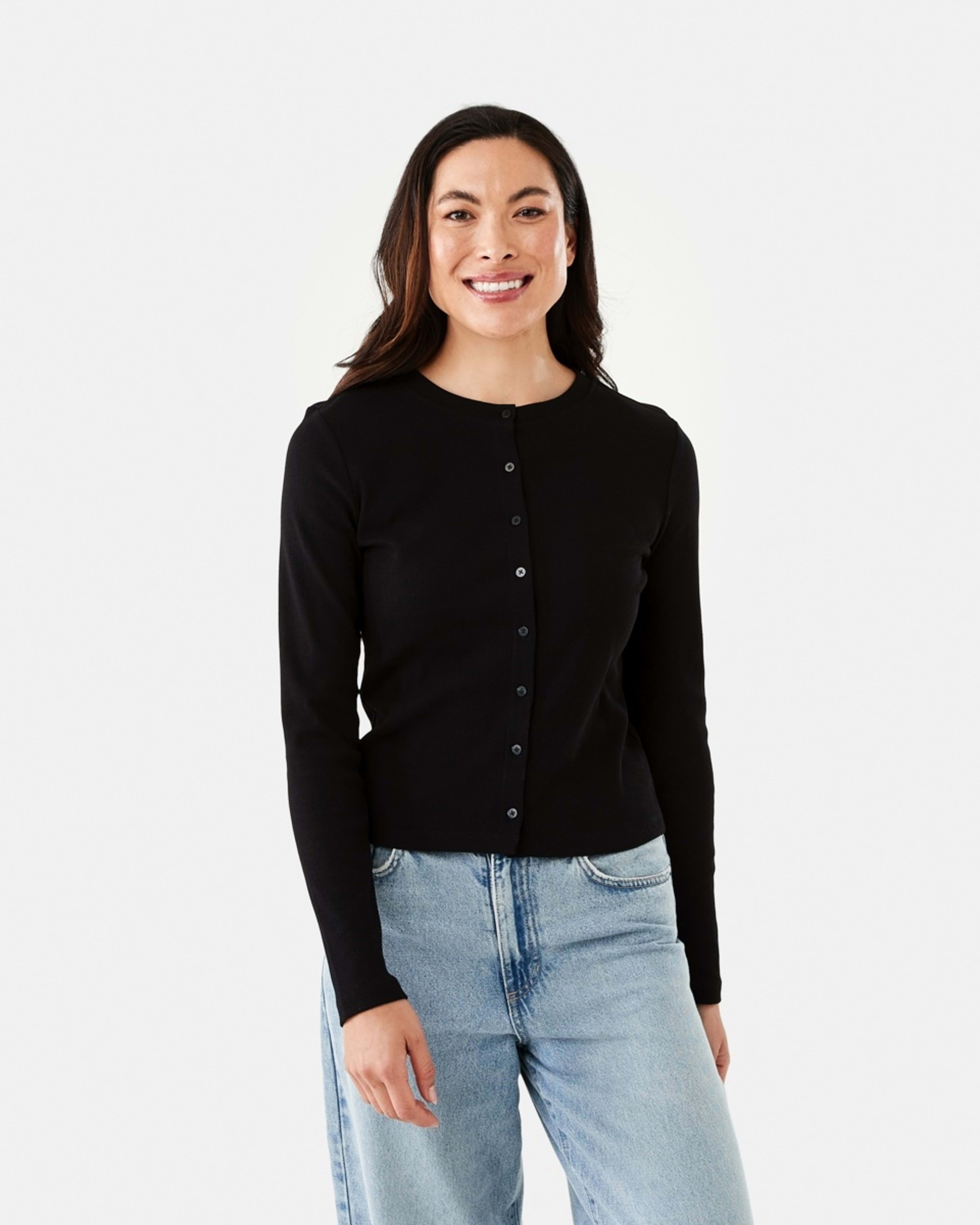1 Long Sleeve Rib Button Front Top Black, 1 of 7