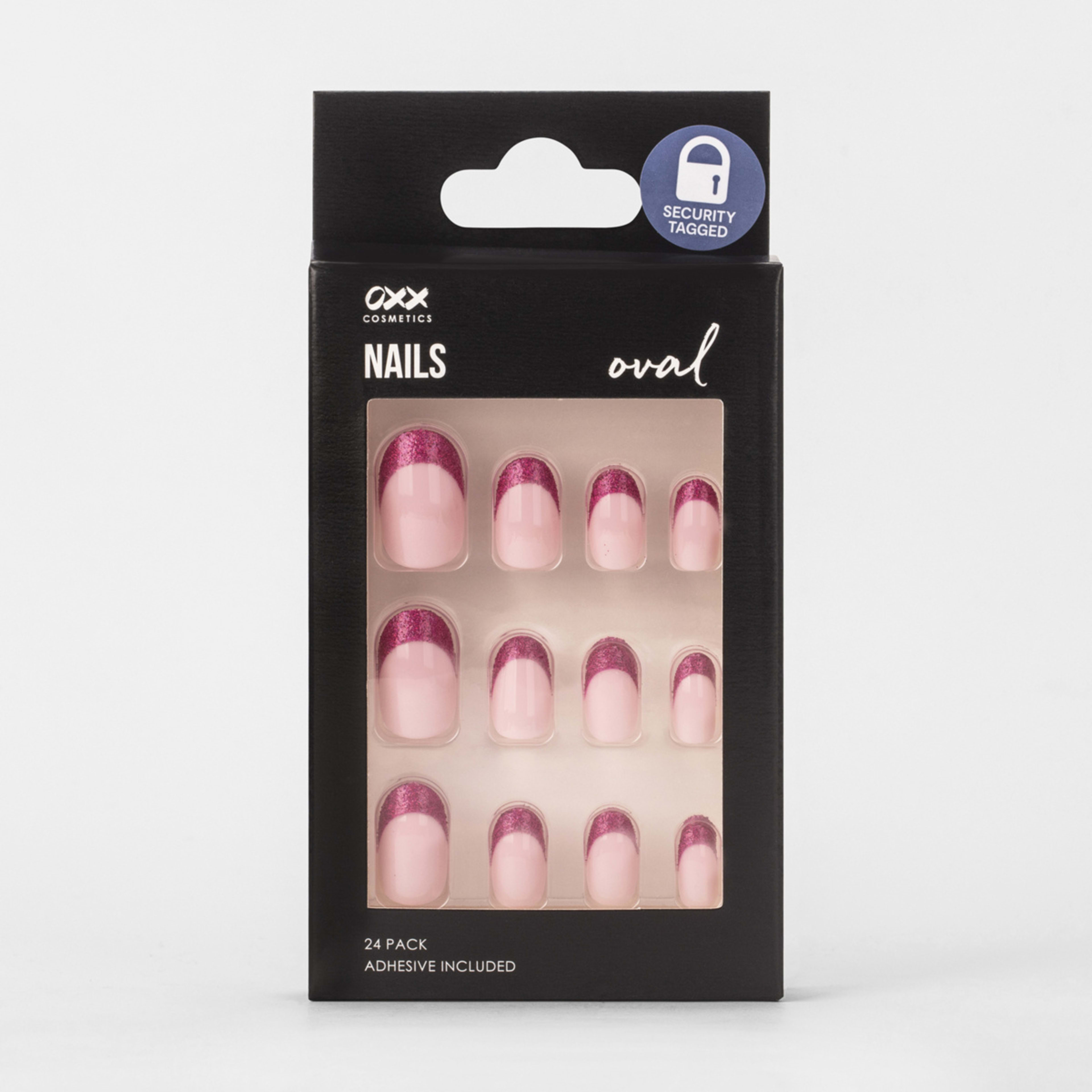 1 OXX Cosmetics 24 Pack False Nails with Adhesive - Oval Shape, Pink Shimmer