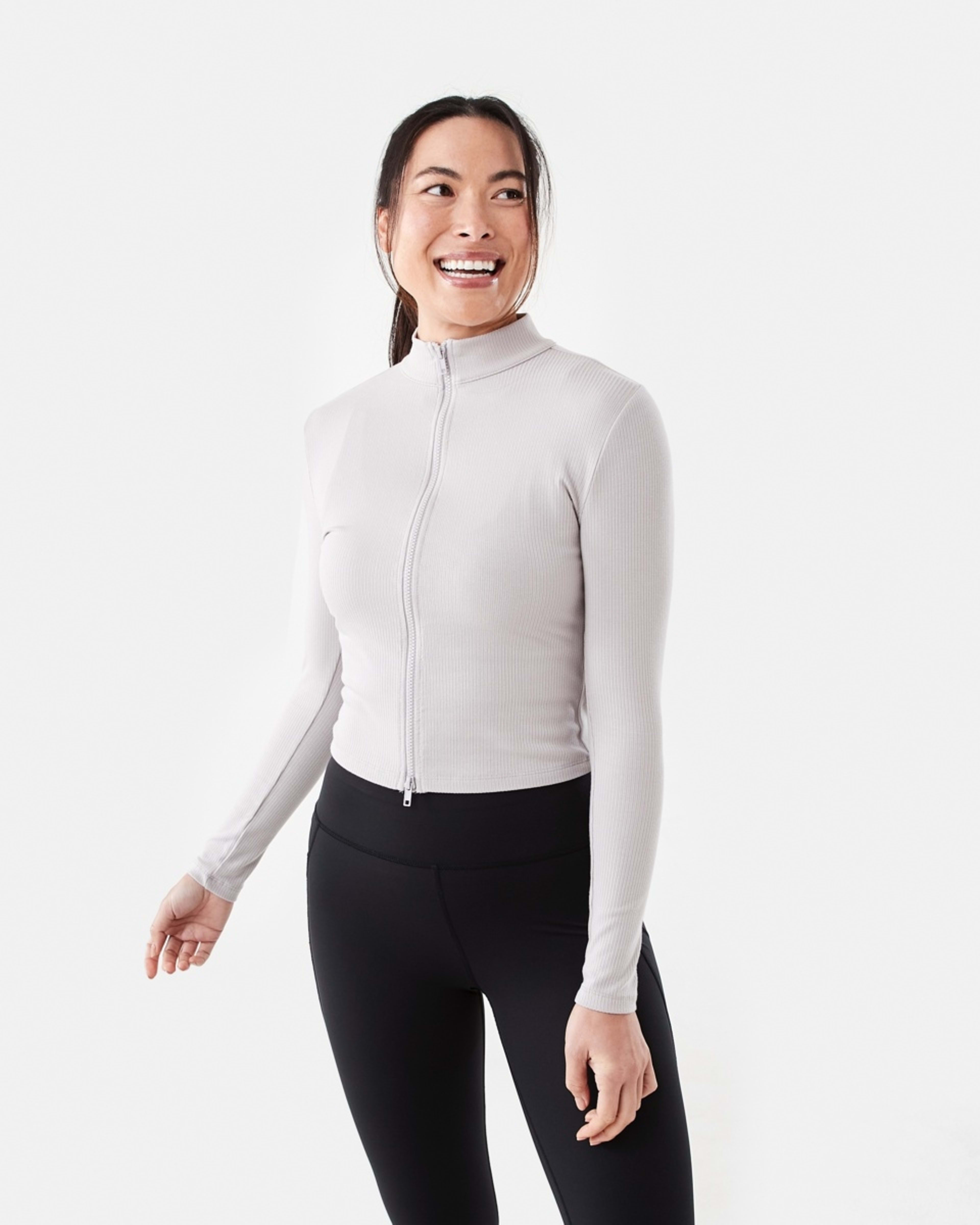 2 Active Womens Ribbed Zip Through Long Sleeve Top Porp Gry, 2 of 7