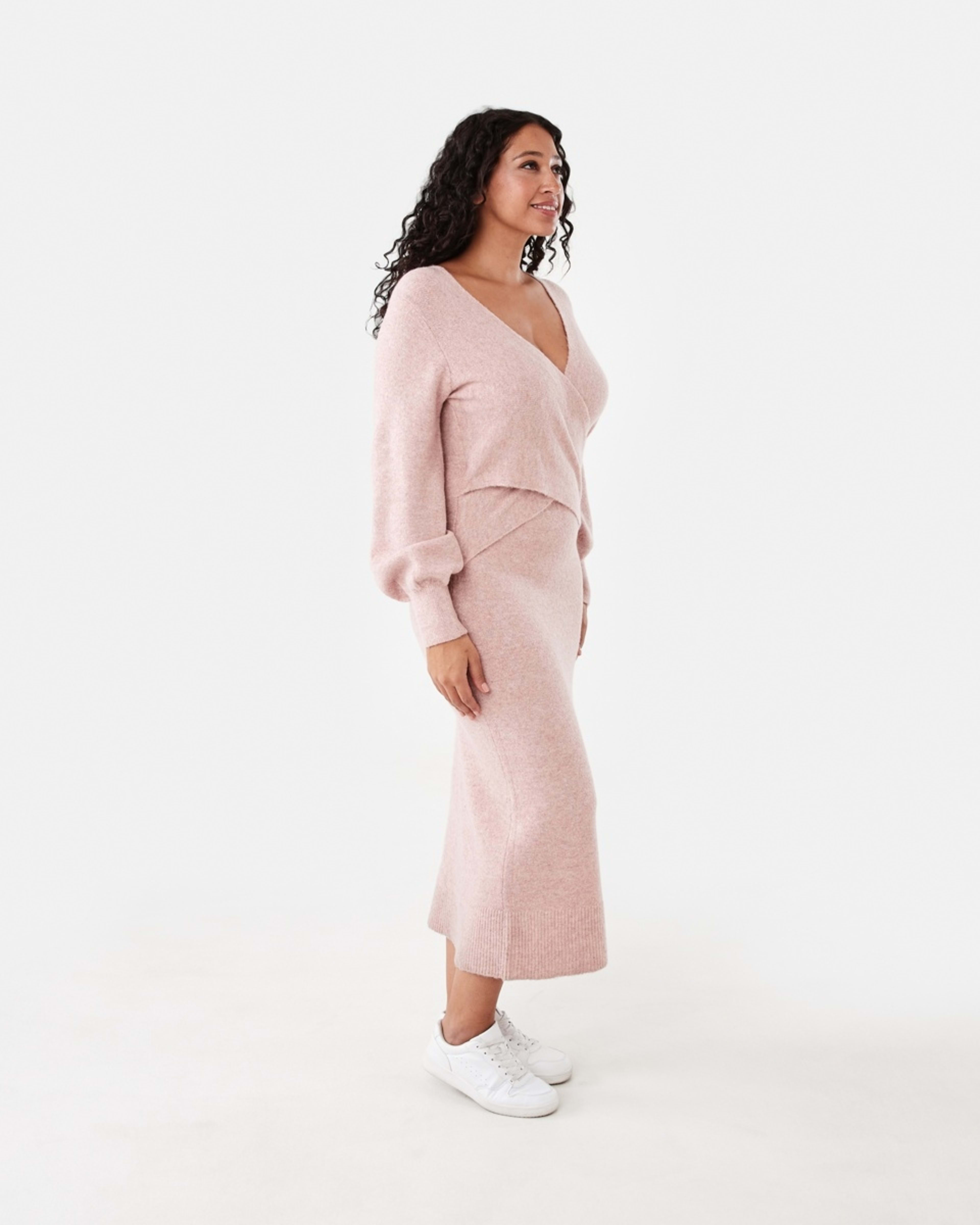 2 Long Sleeve Wrap Front Knit Midi Dress Rose Marl, 2 of 6