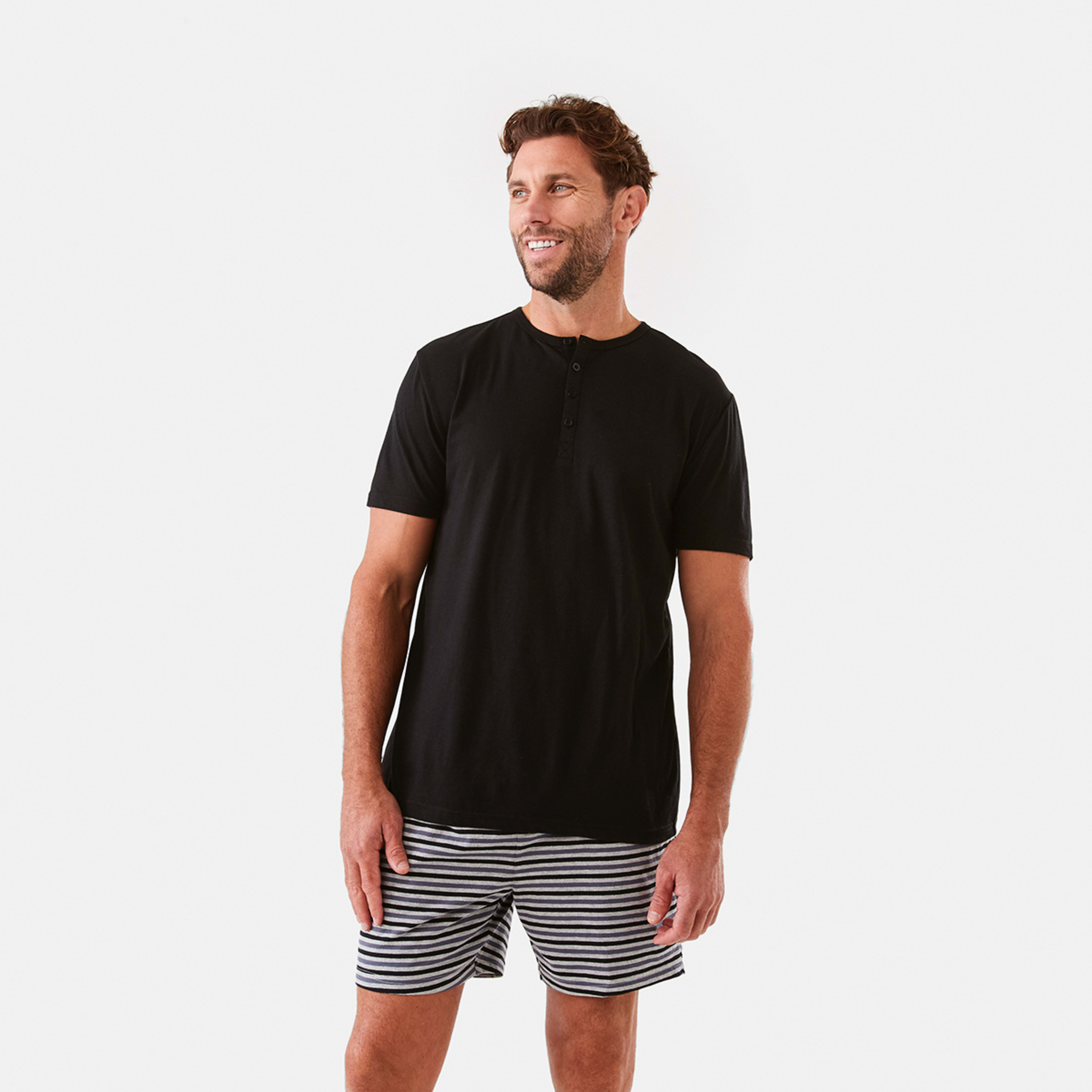 1 Short Sleeve Henley Neck Knit Pyjama Set Horiznstrp, 1 of 9
