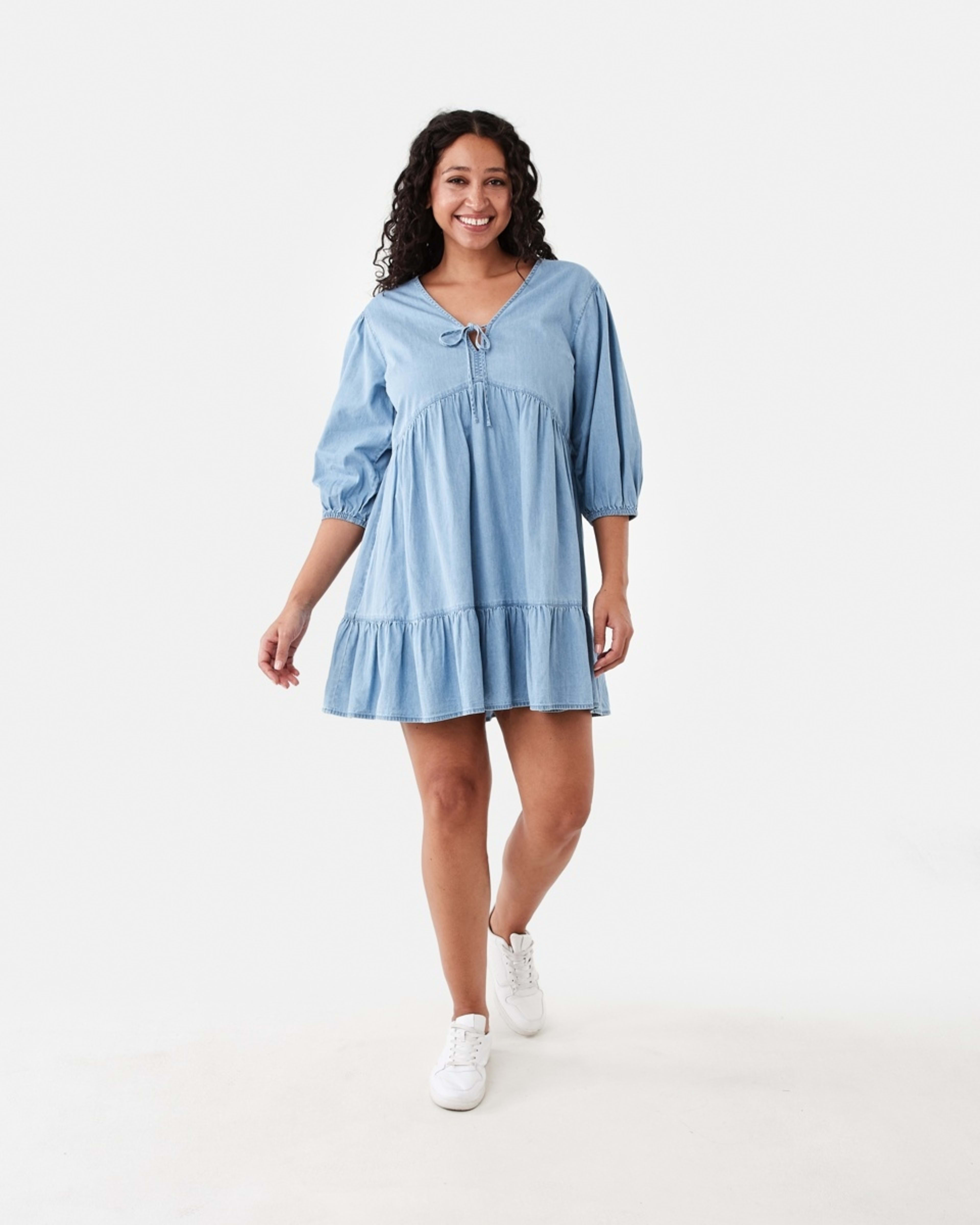 7 3/4 Balloon Sleeves Tie Front Mini Dress Light Wash, 7 of 7