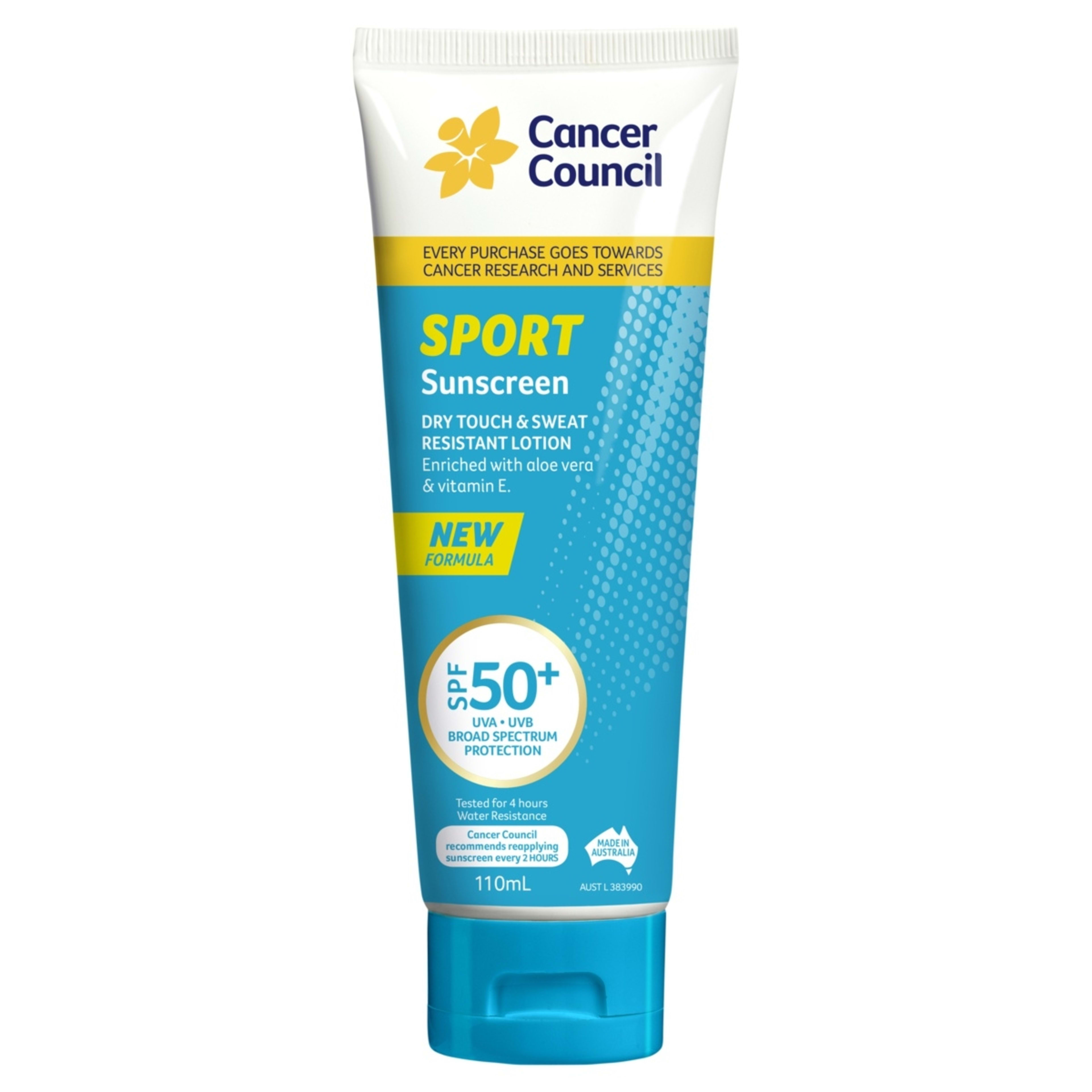 1 Cancer Council SPF 50+ Sport Dry Touch & Sweat Resistant Sunscreen Lotion 110ml - Aloe Vera and Vitamin E