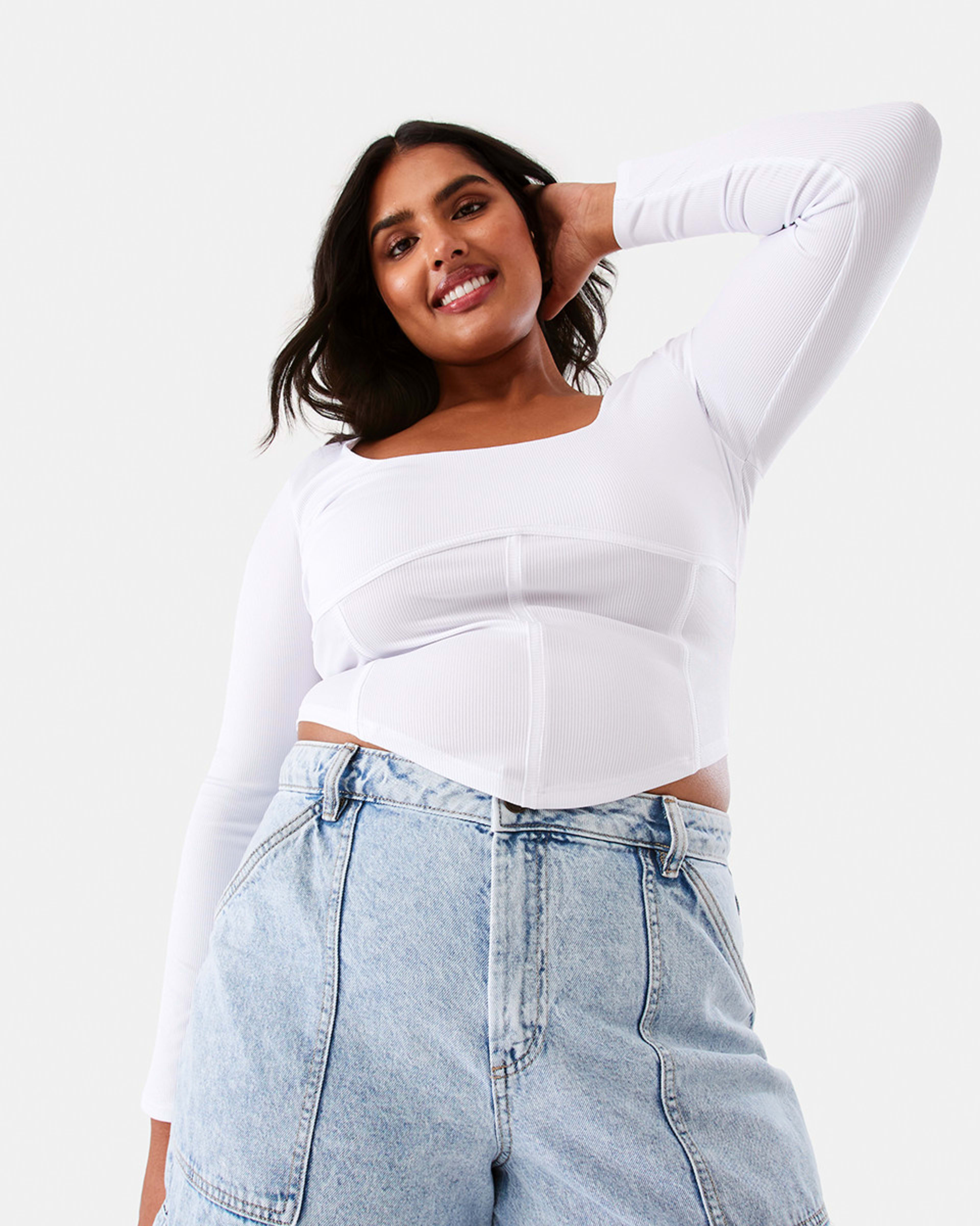 3 Long Sleeve Rib Corset Top White, 3 of 9