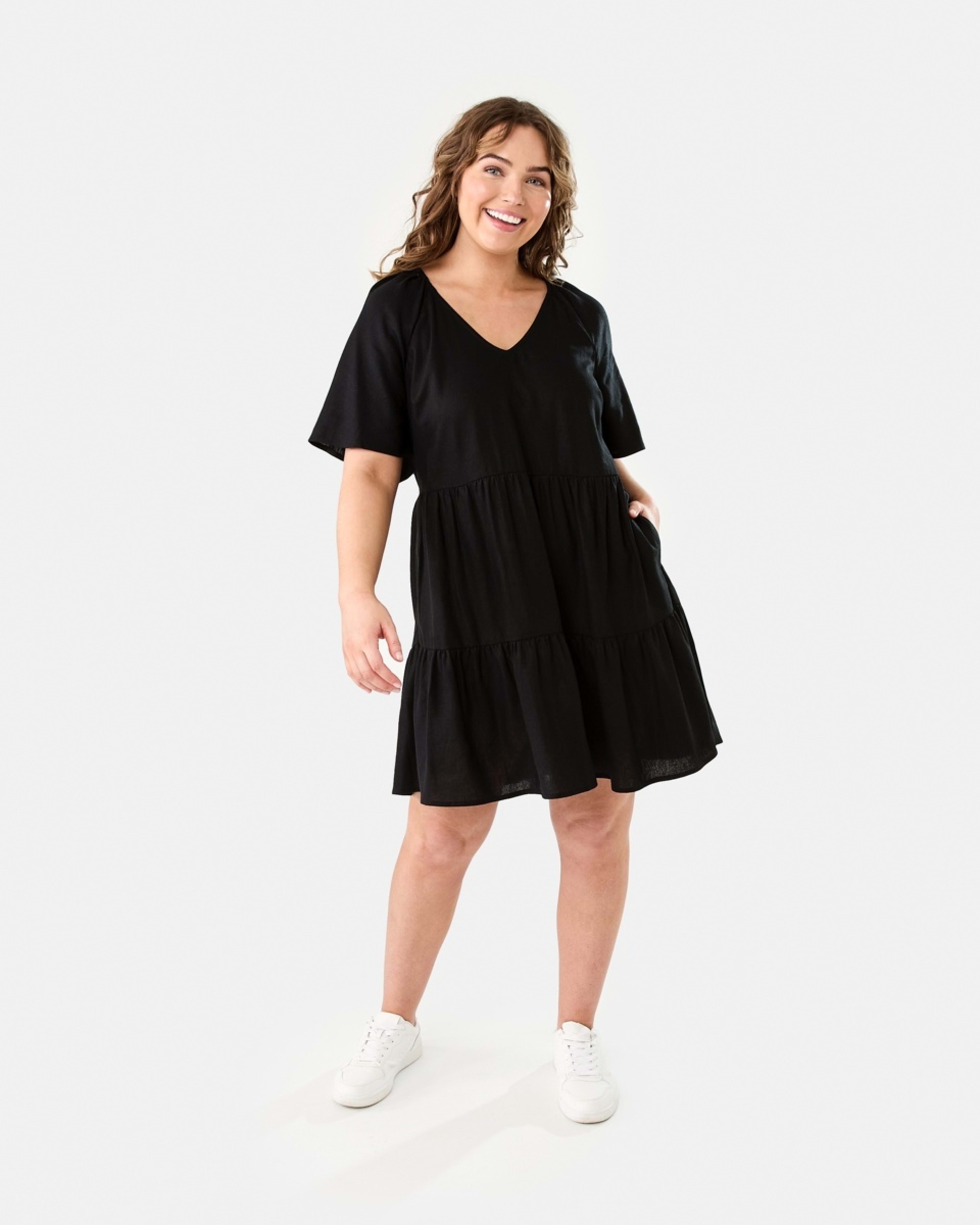 9 Short Sleeve Linen Blend Tiered Mini Dress BLACK, 9 of 9