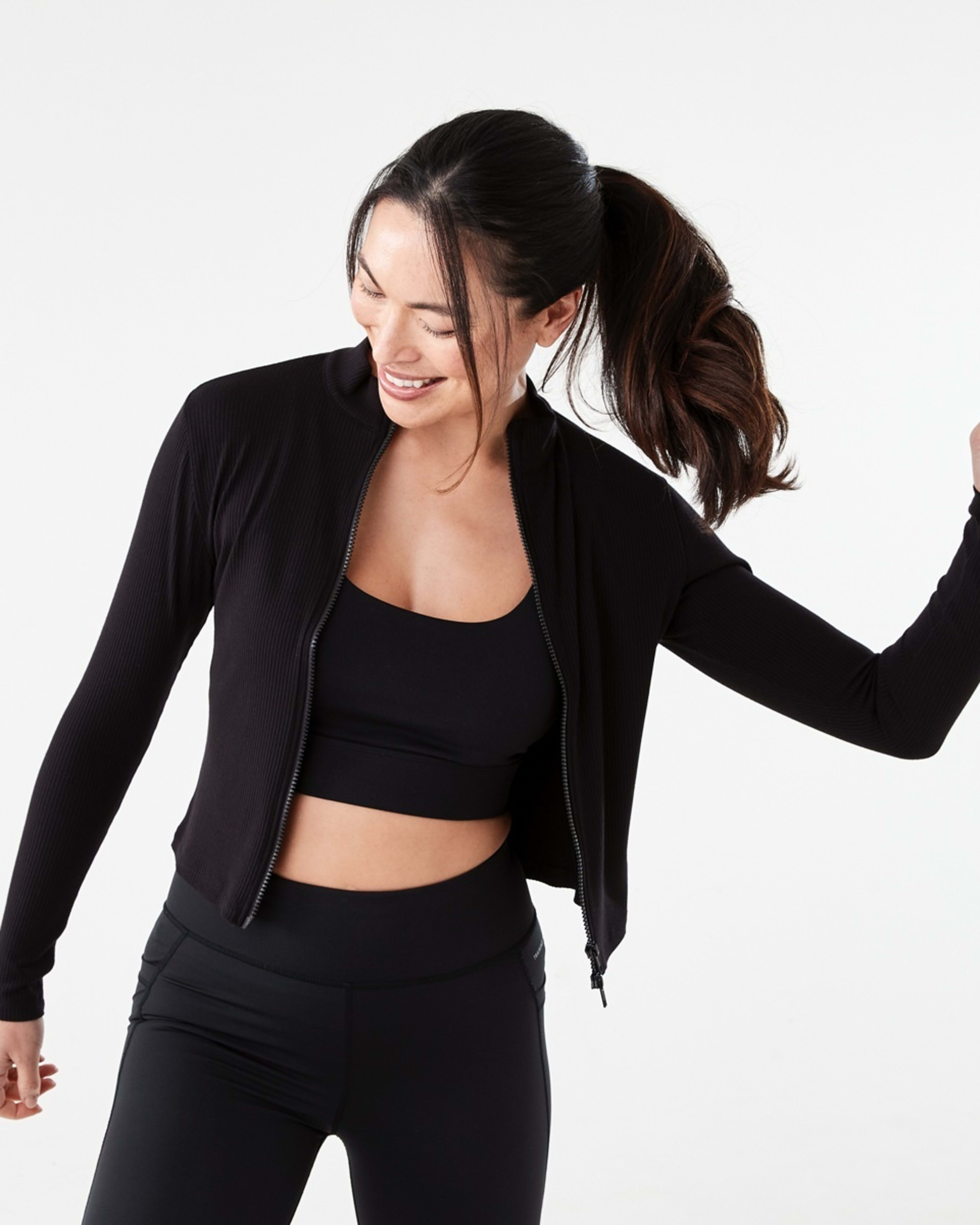 1 Active Womens Ribbed Zip Through Long Sleeve Top Black, 1 of 7