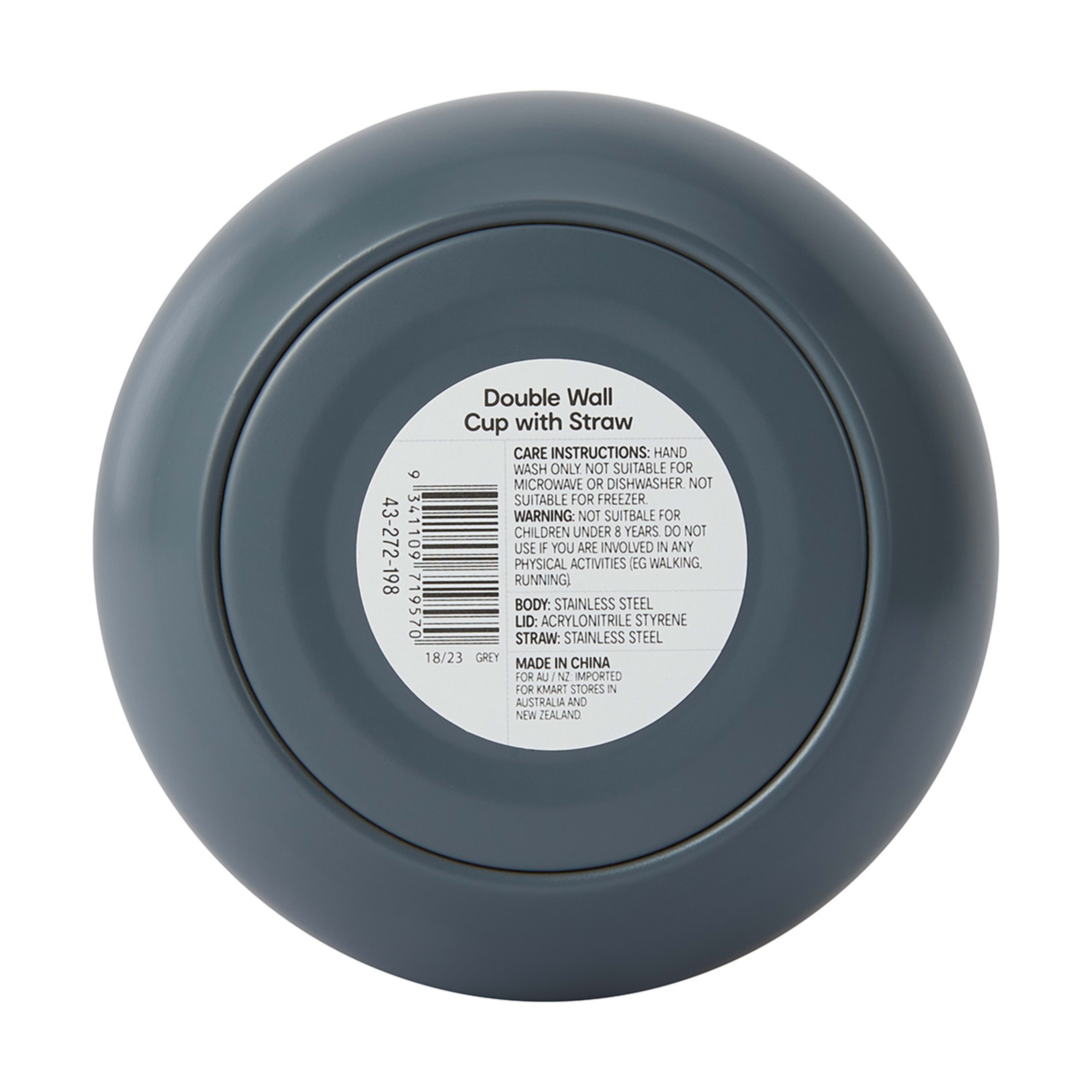 420ml Grey Double Wall Cup with Straw Kmart