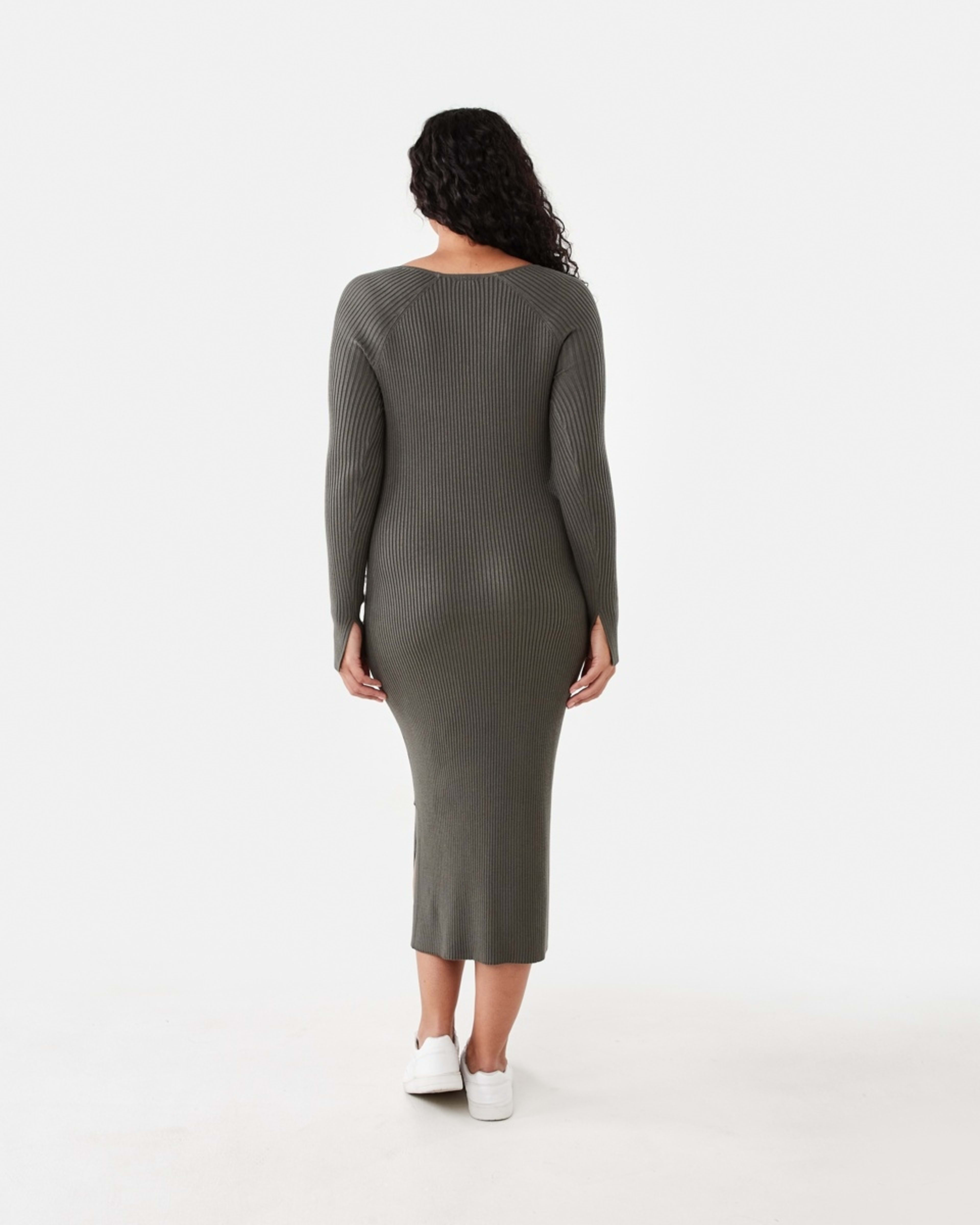 3 Long Sleeve Square Neck Knit Midi Dress Grn Olive, 3 of 6