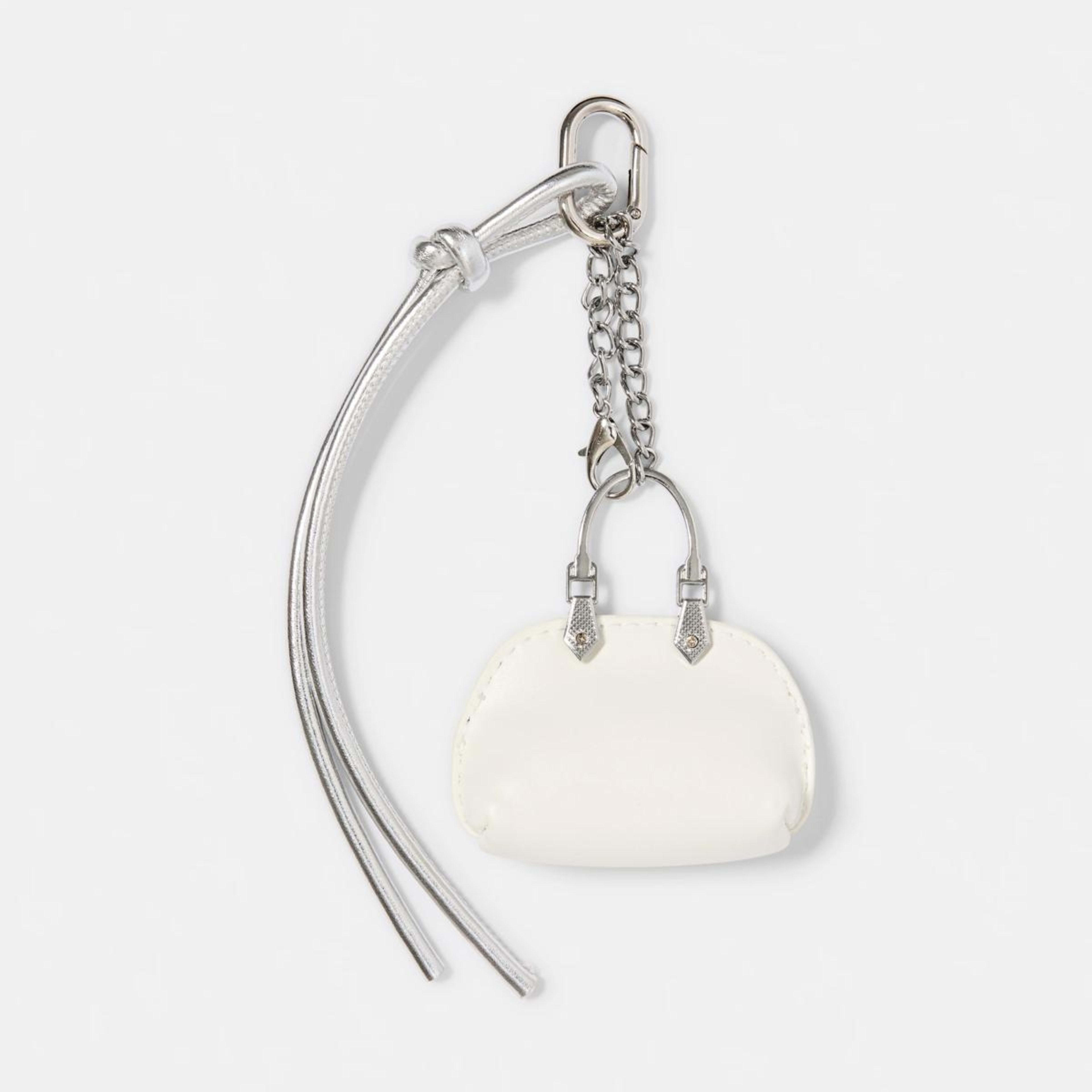 1 Mini Purse Charm Keyring - Silver Tone and White