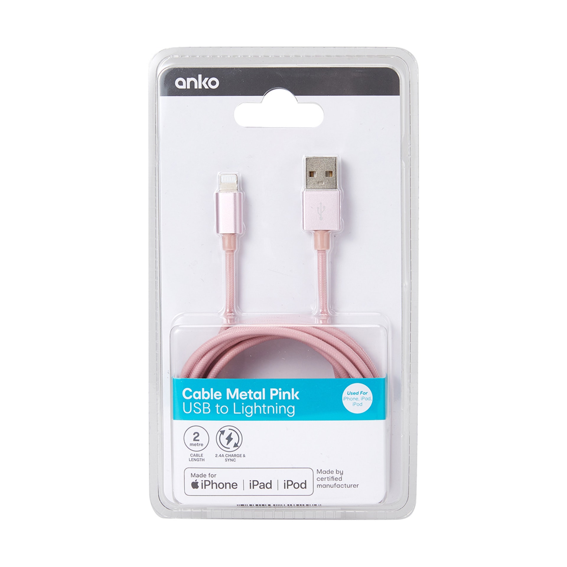 Lightning Cable 2m Pink Rope Kmart