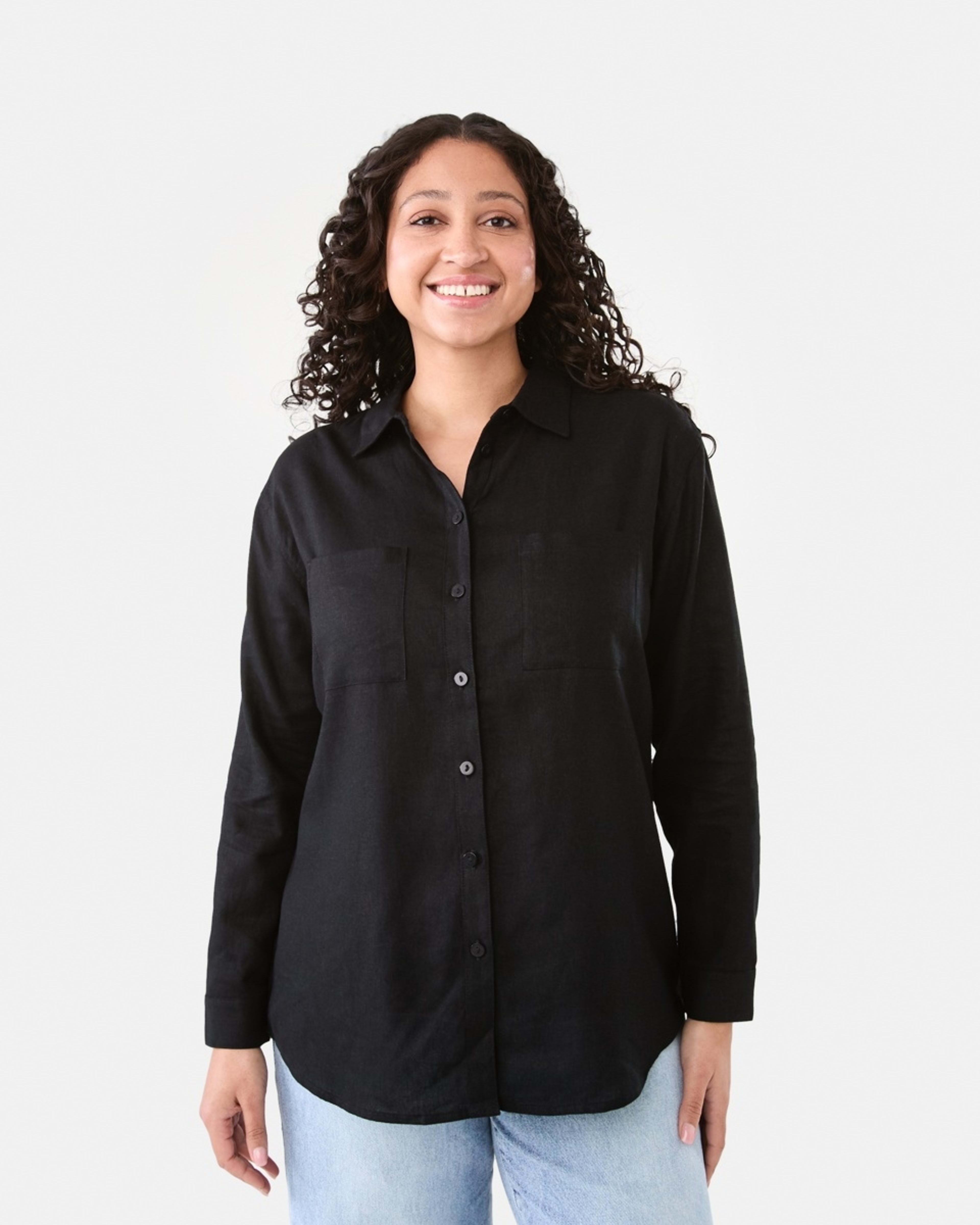 1 Long Sleeve Linen Blend Shirt Black