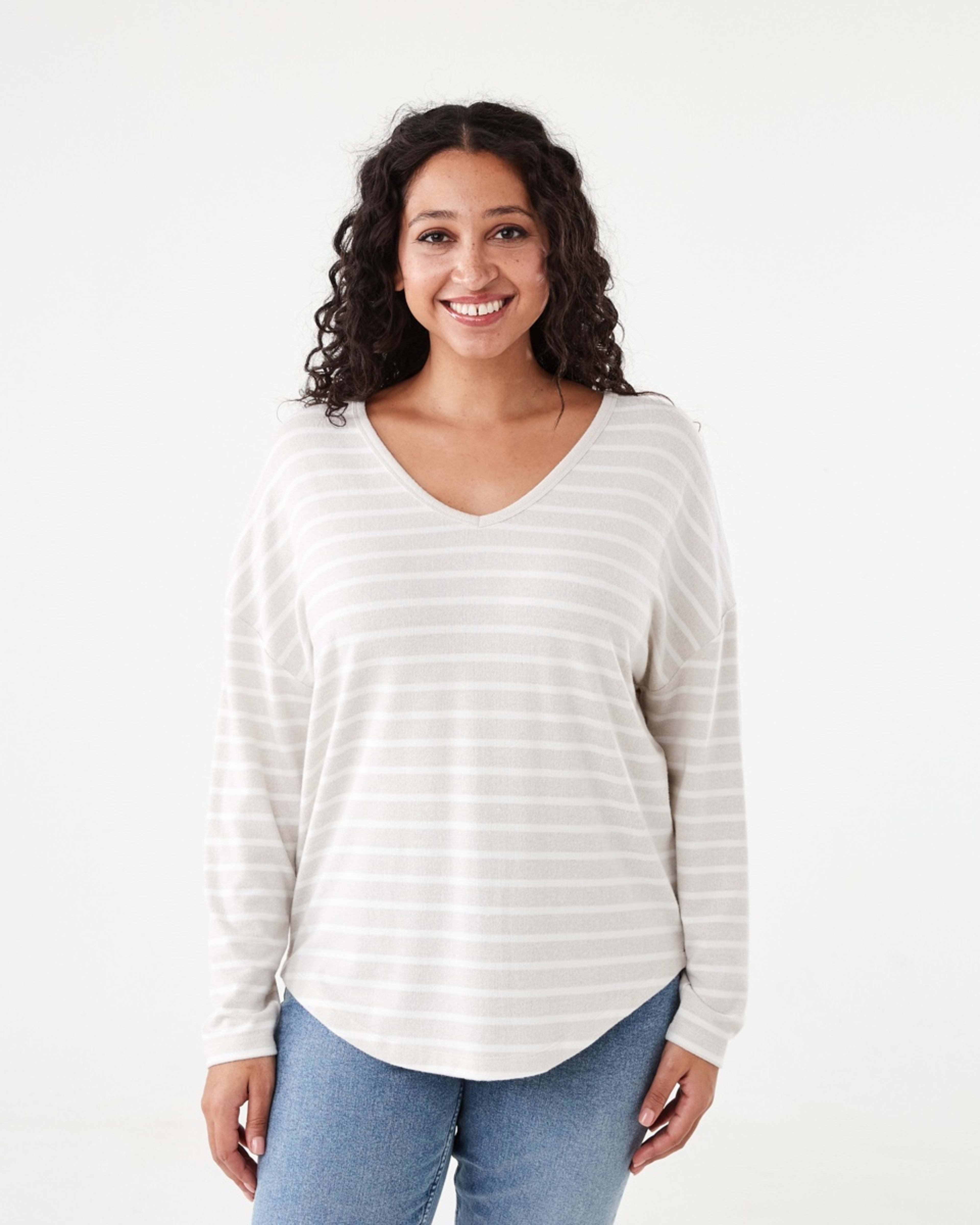 1 Long Sleeve Brushed V-Neck Top Tonal Strp, 1 of 5
