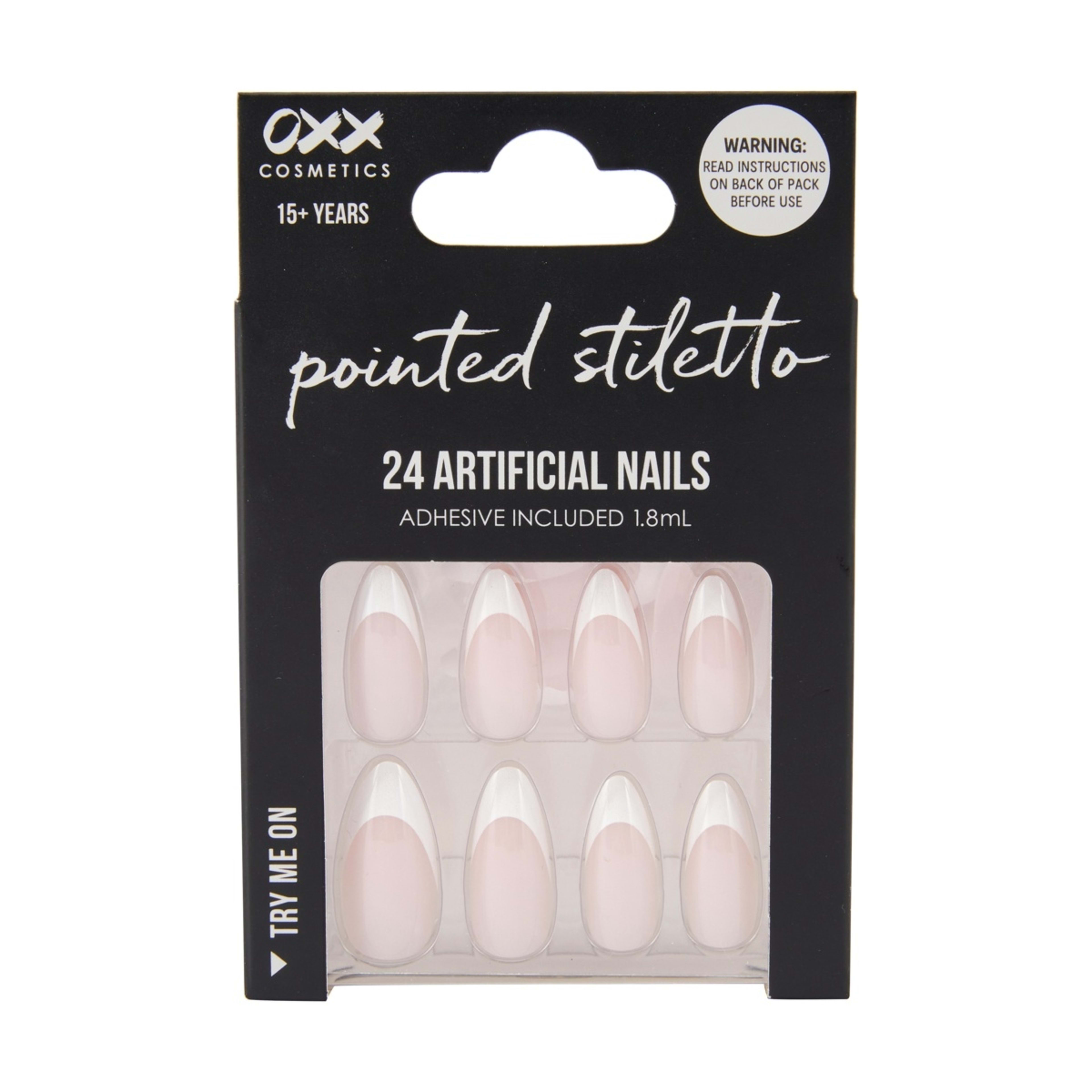 1 OXX Cosmetics 24 Pack Artificial Nails with Adhesive - Pointed Stiletto Shape, Pink French Tip