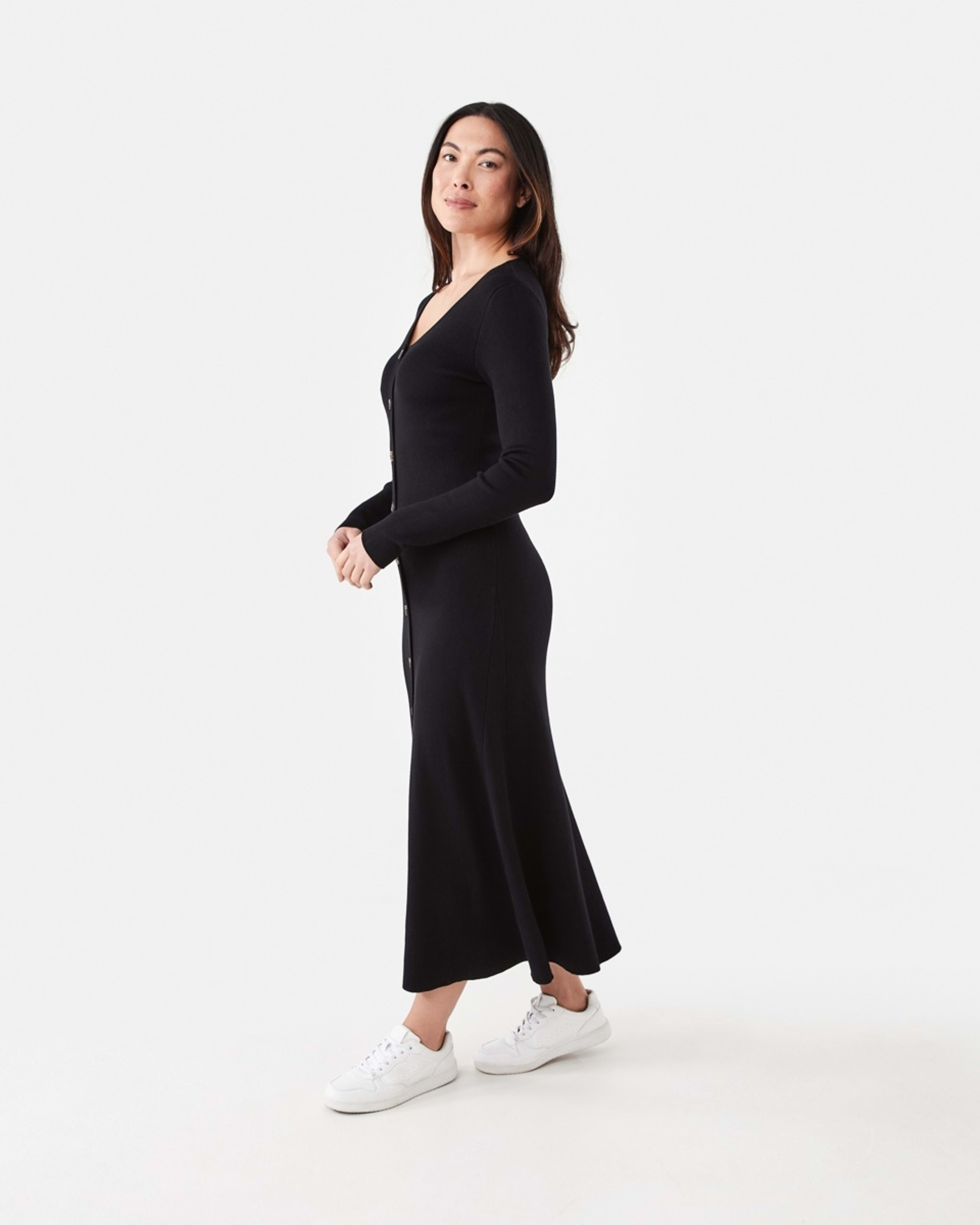 2 Long Sleeve Button Through Knit Maxi Dress Black, 2 of 6