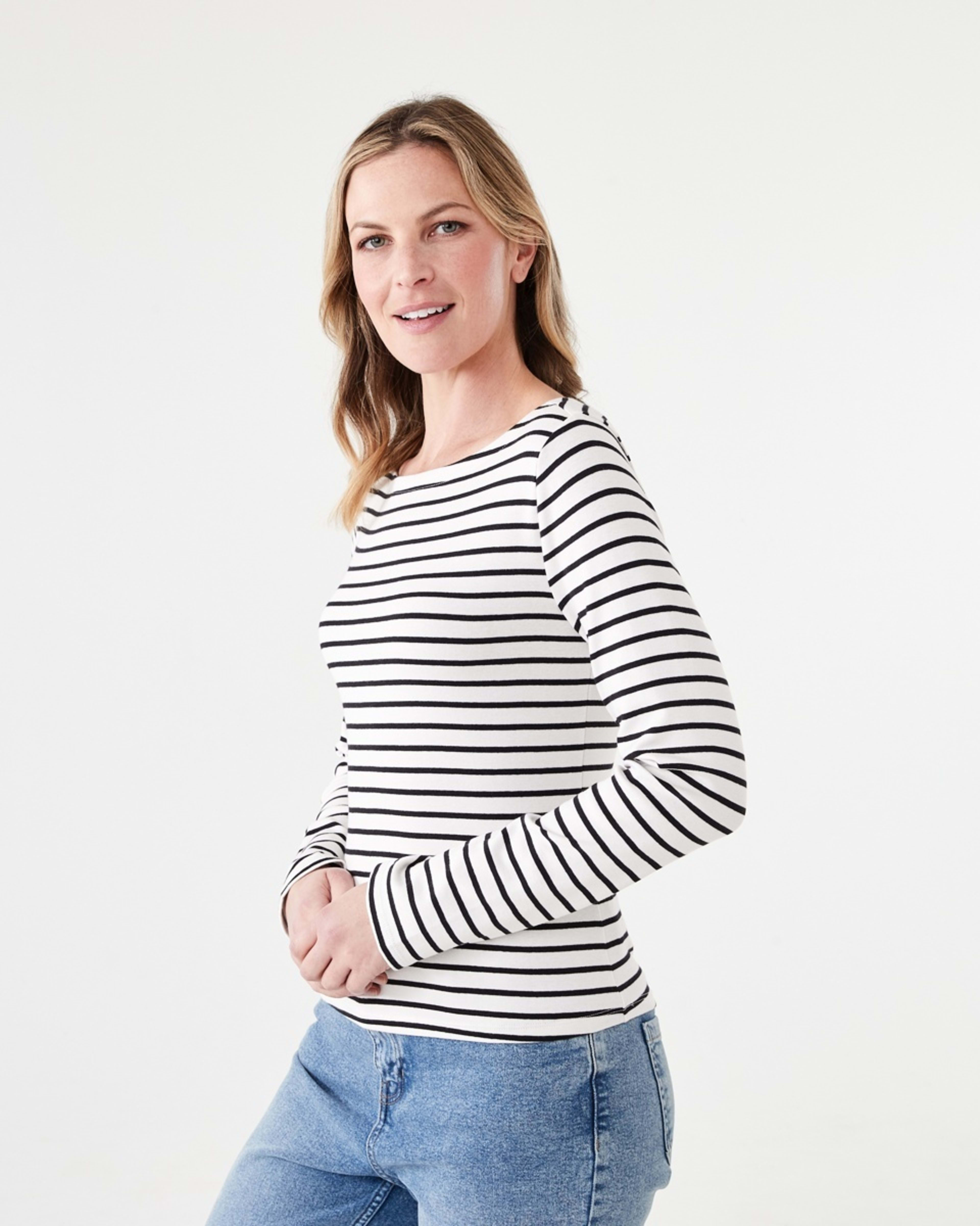 2 Long Sleeve Modal Boat Neck Top ECRU STRIPE, 2 of 5