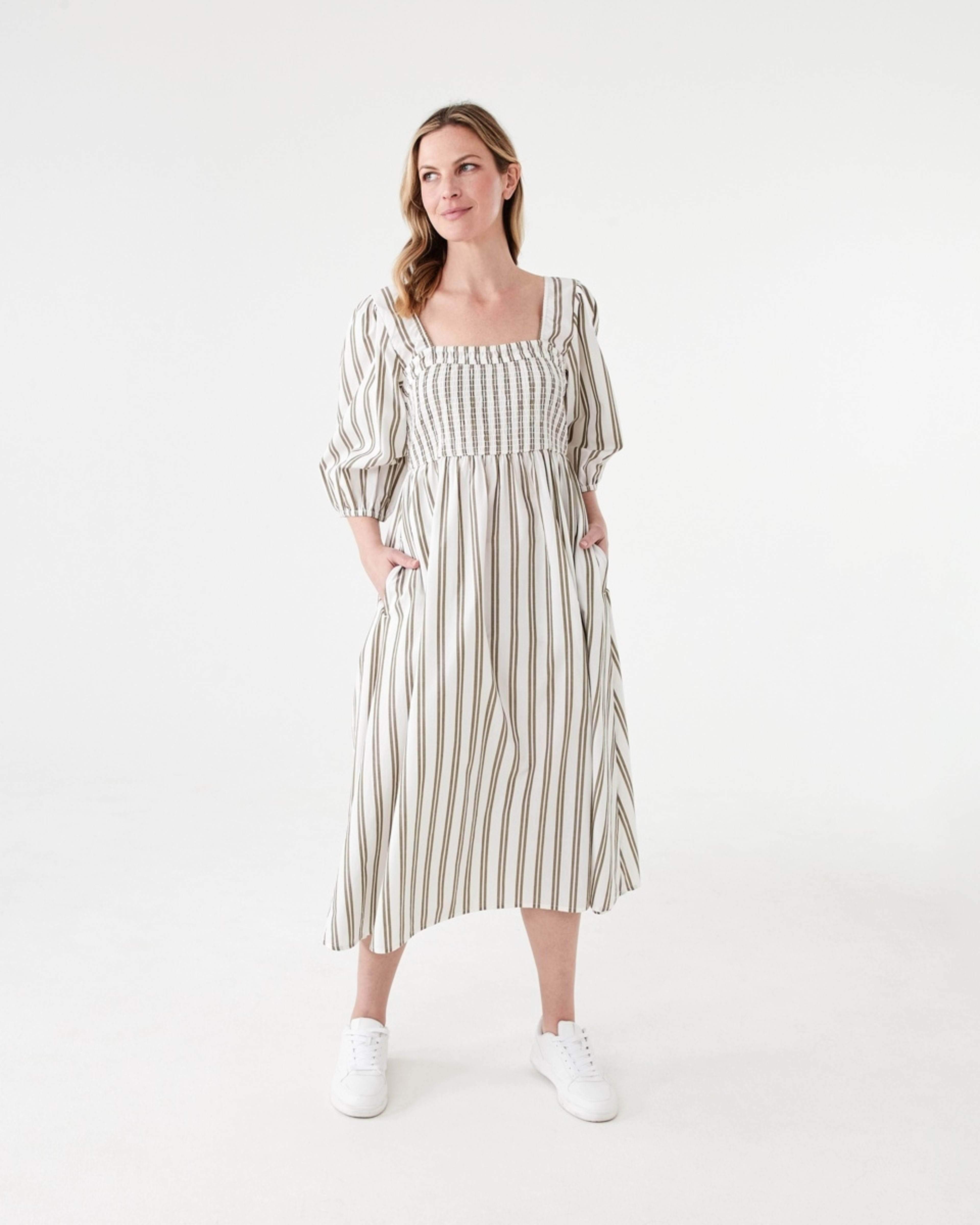 1 Short Sleeve Shirred Bodice Midi Dress TAYLOR STRIPE BURNT OLIVE