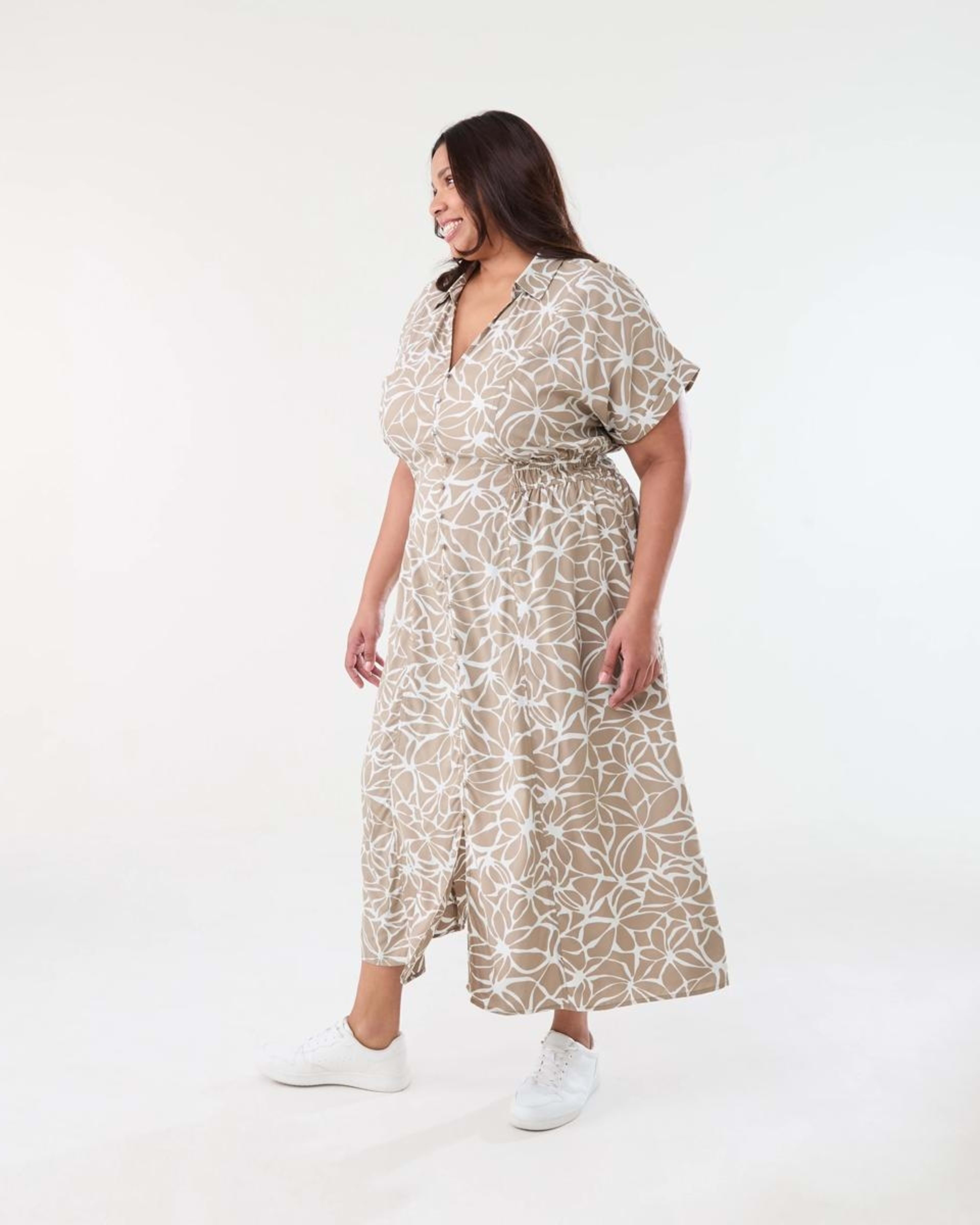 2 Curve Short Sleeve Shirt Midi Dress BROKEN FLORAL DUNE BEIGE, 2 of 6