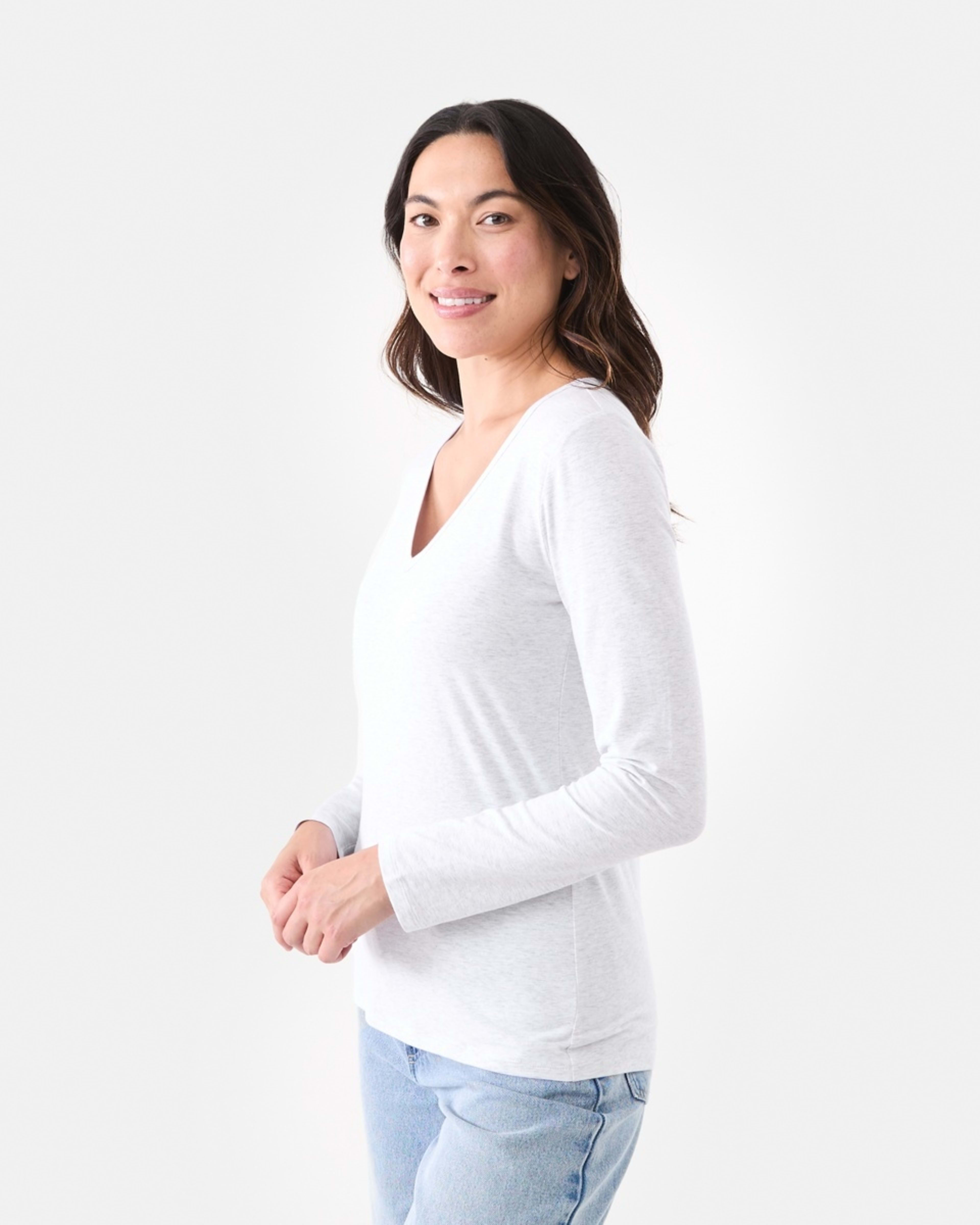 2 Long Sleeve Stretch V-Neck T-shirt Wht Marle, 2 of 5
