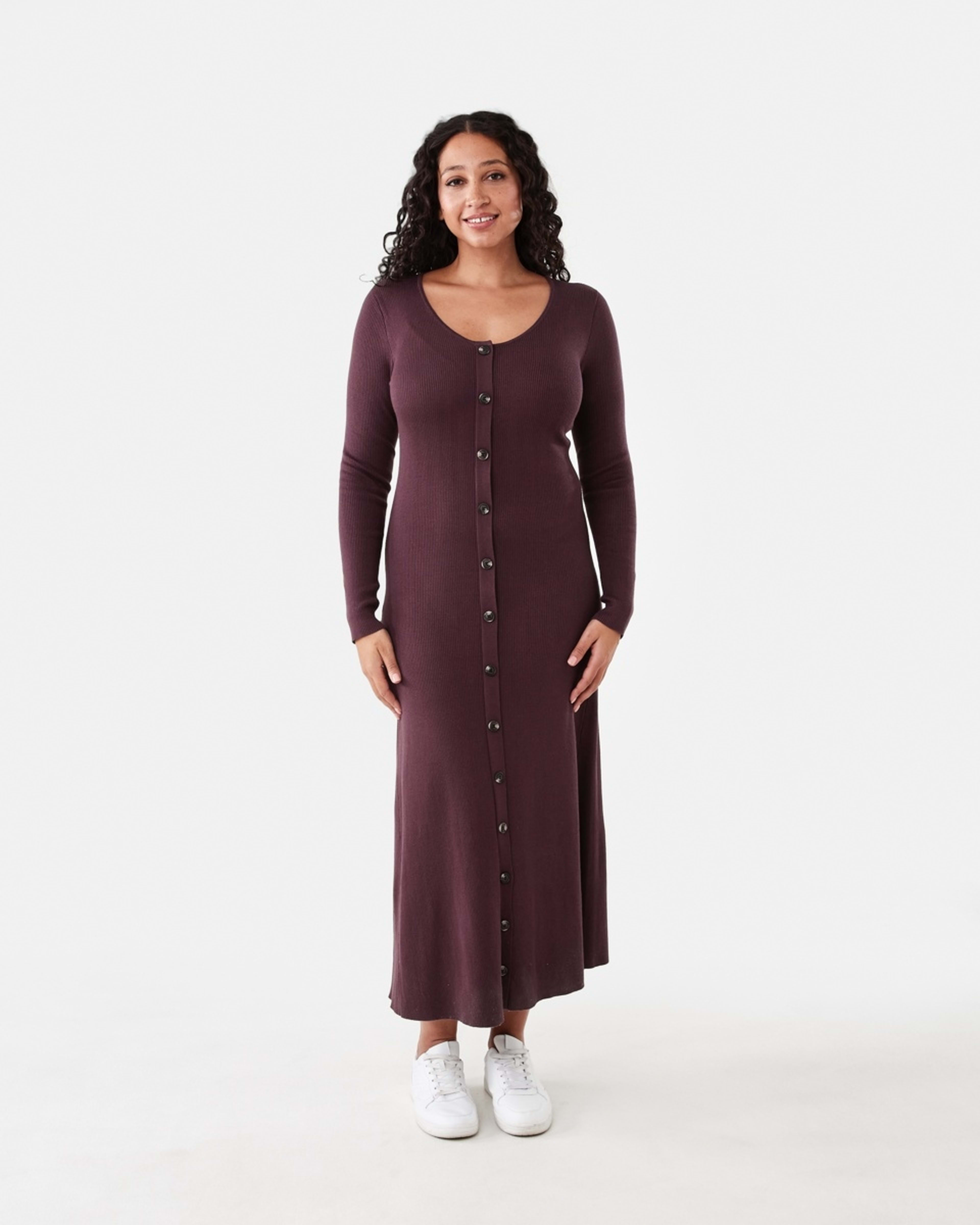 1 Long Sleeve Button Through Knit Maxi Dress Berry Marl