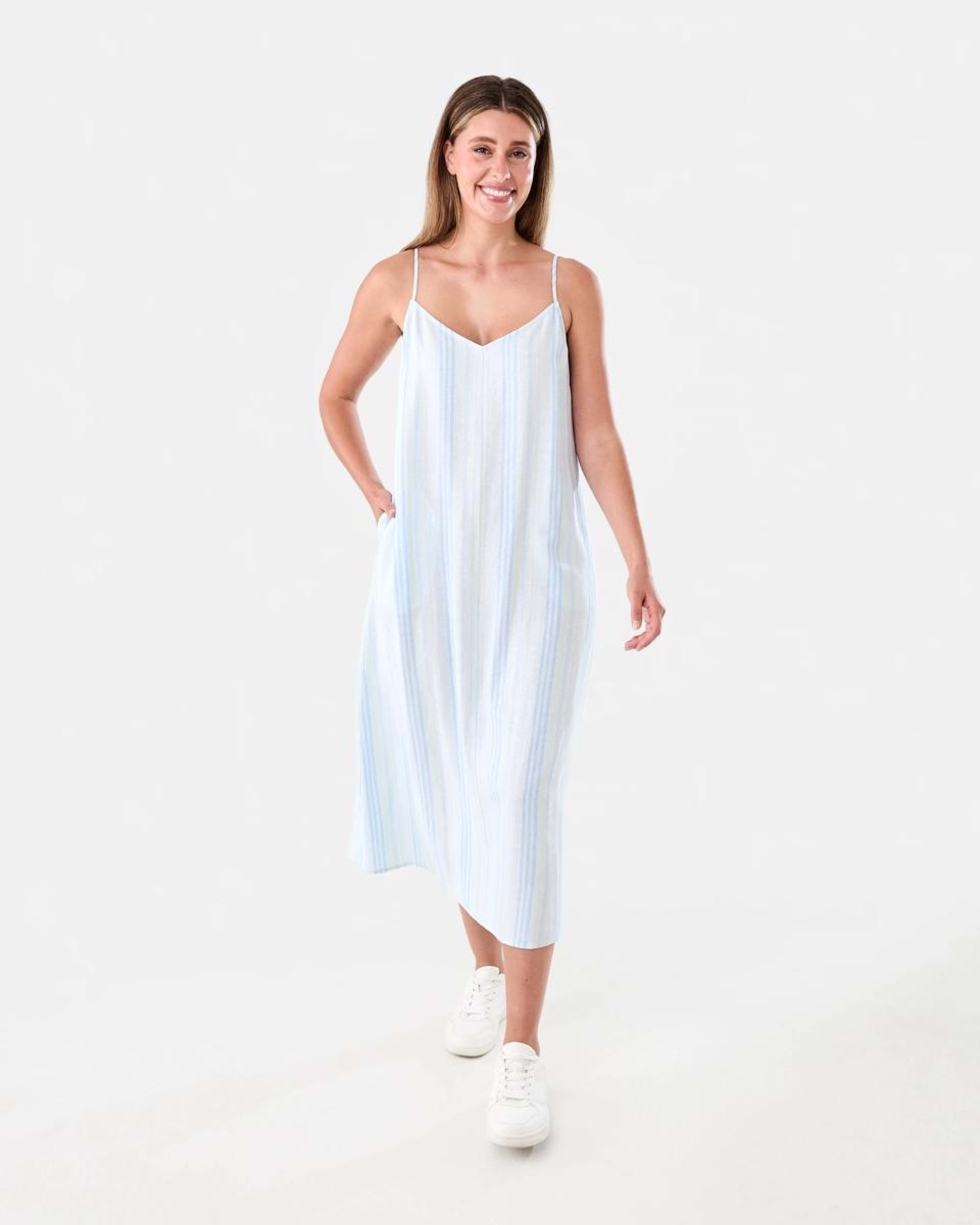 1 Sleeveless V-Neck Linen Blend Midi Dress Strp Spun, 1 of 7