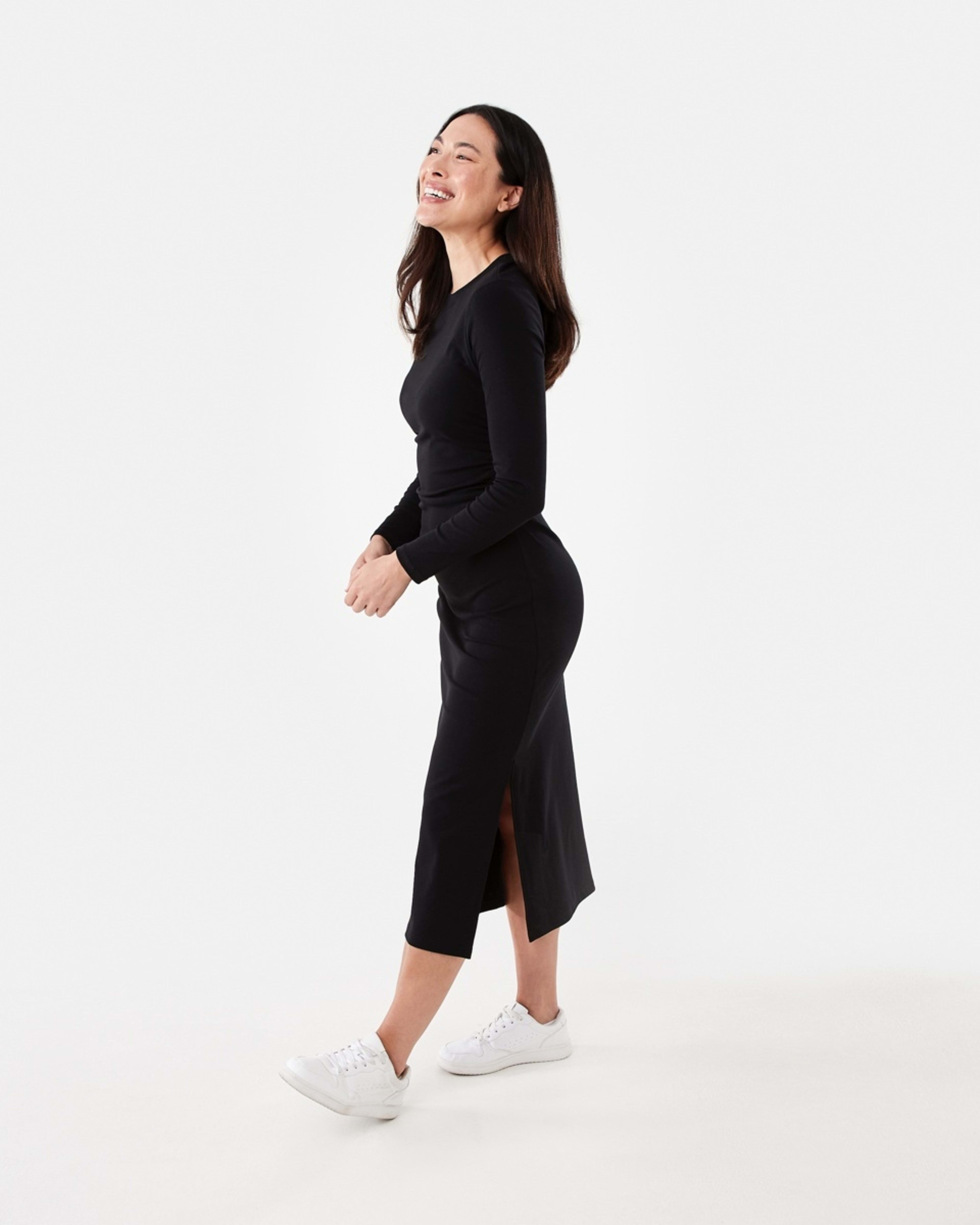 2 Long Sleeve Ruched Midi Dress Black, 2 of 6