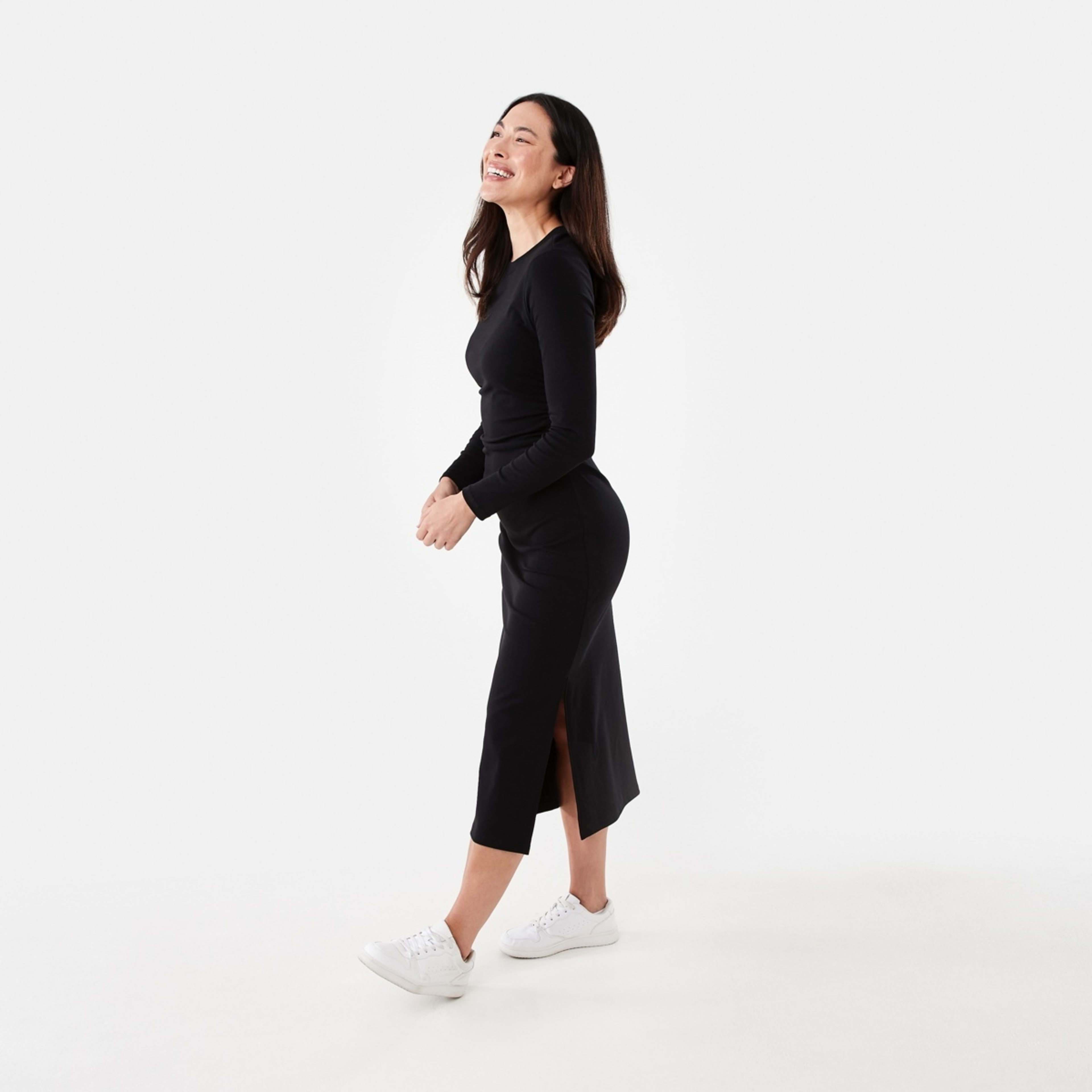 2 Long Sleeve Ruched Midi Dress Black, 2 of 6