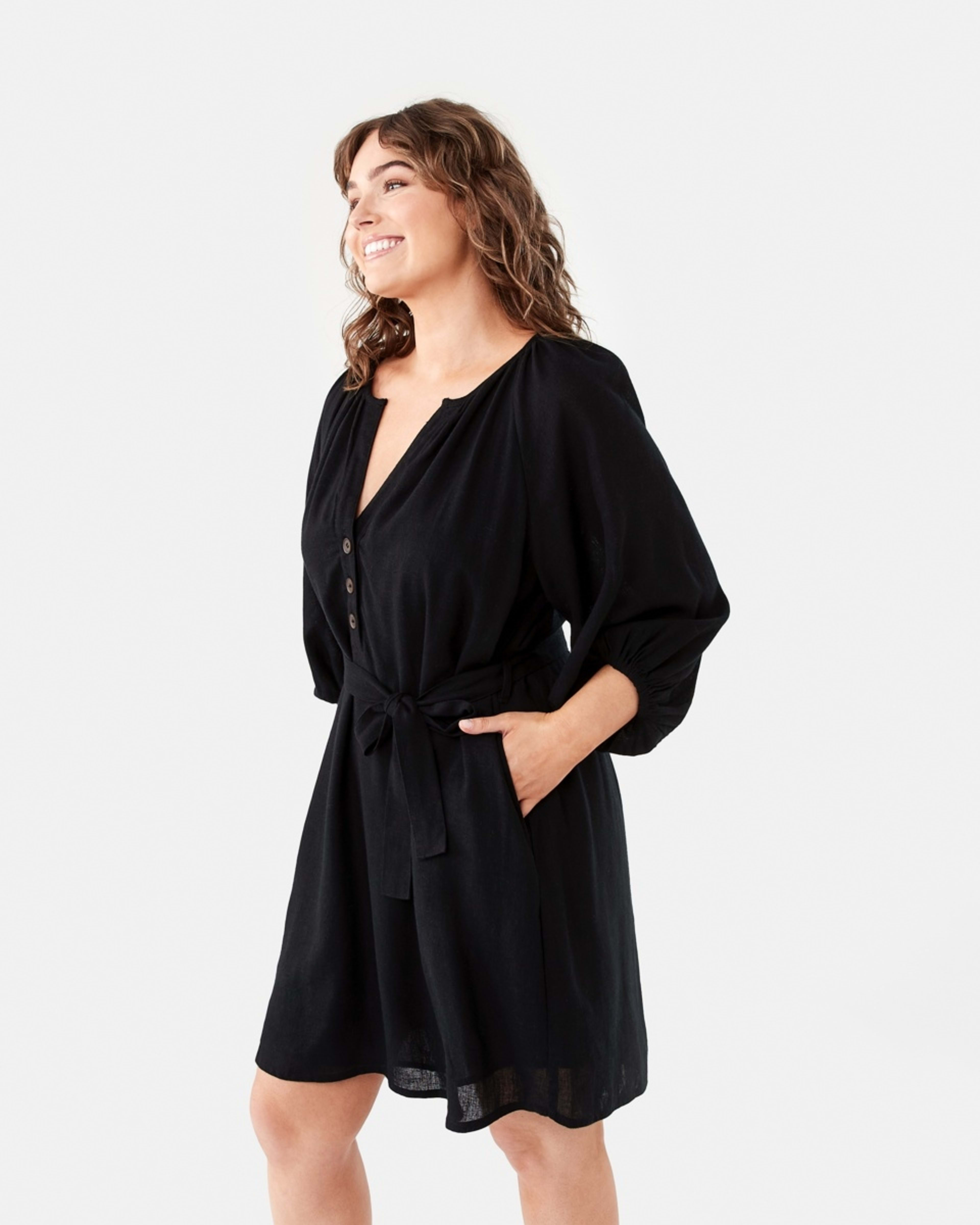 3 Elbow Sleeve Linen Blend Mini Dress BLACK, 3 of 10