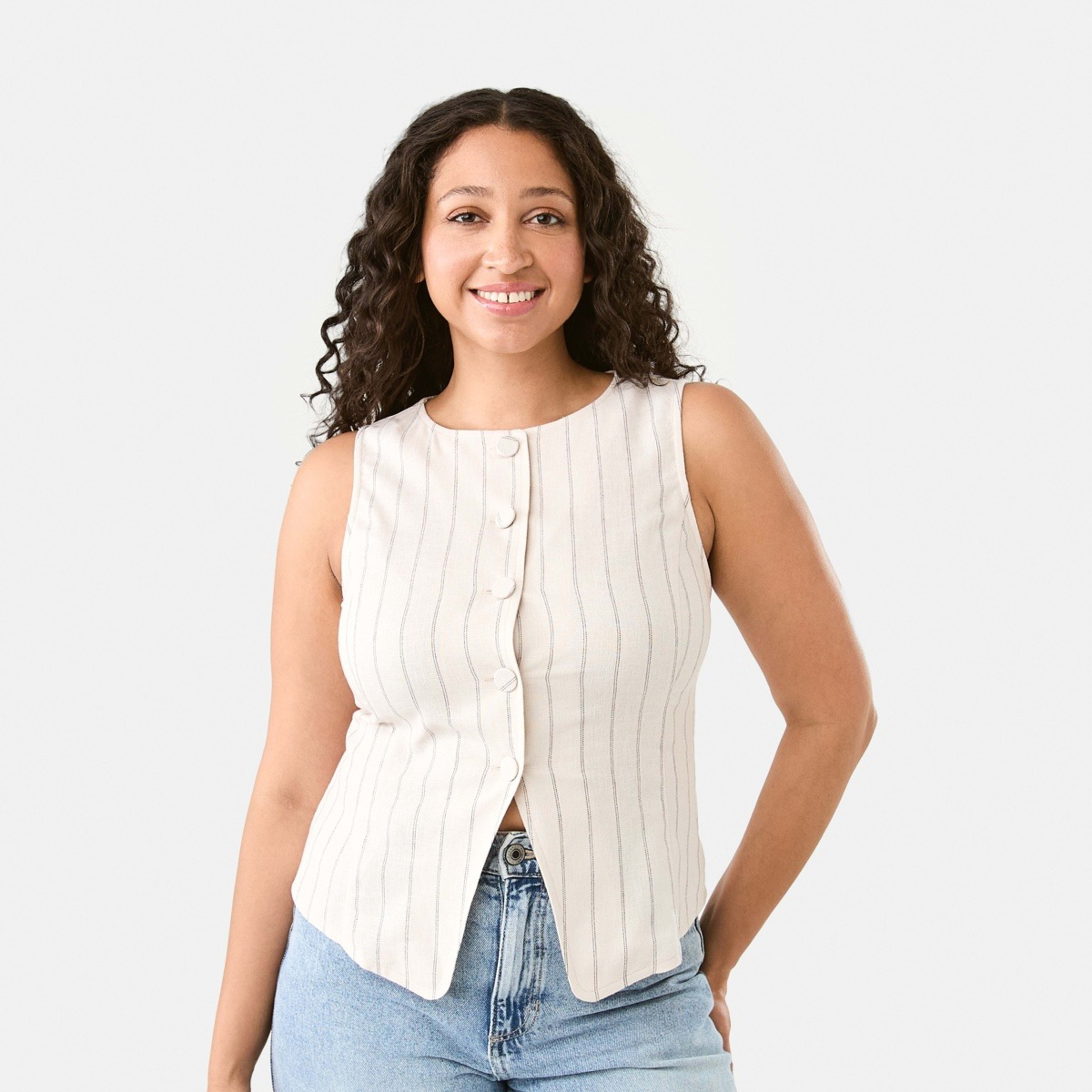 1 Sleeveless Crew Neck Linen Blend Waistcoat Dot Stripe, 1 of 6