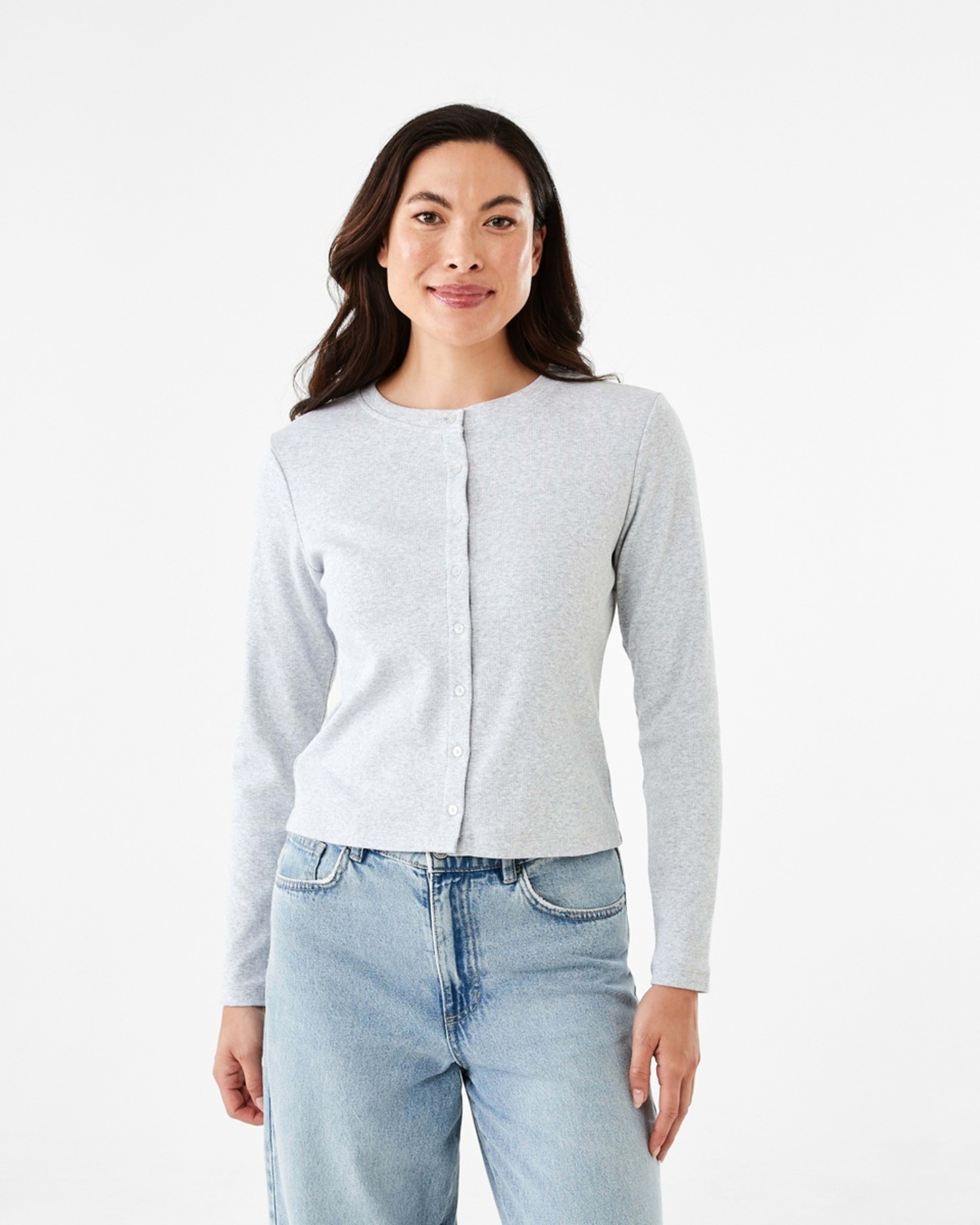 1 Long Sleeve Rib Button Front Top Slvr Marle