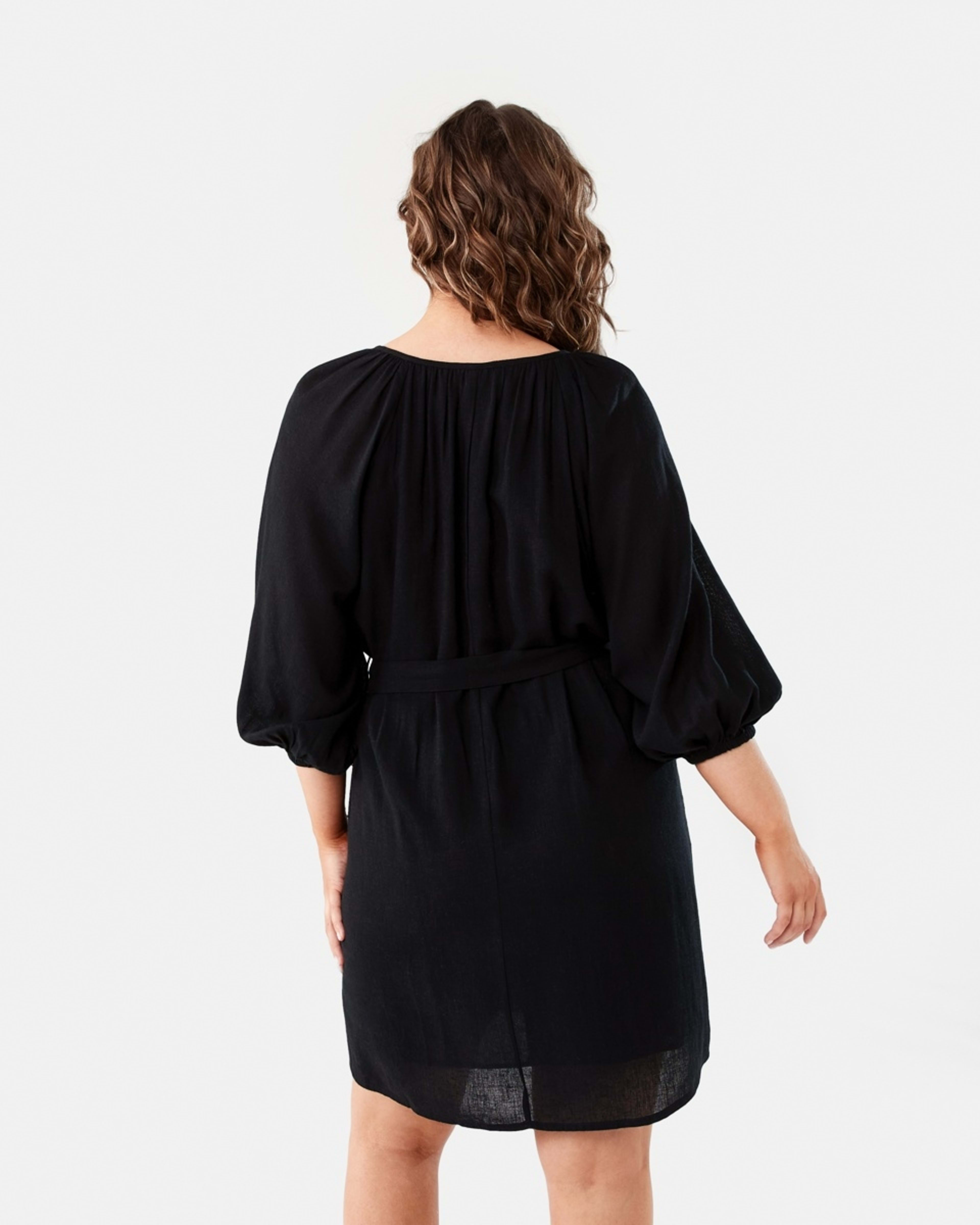 4 Elbow Sleeve Linen Blend Mini Dress BLACK, 4 of 10