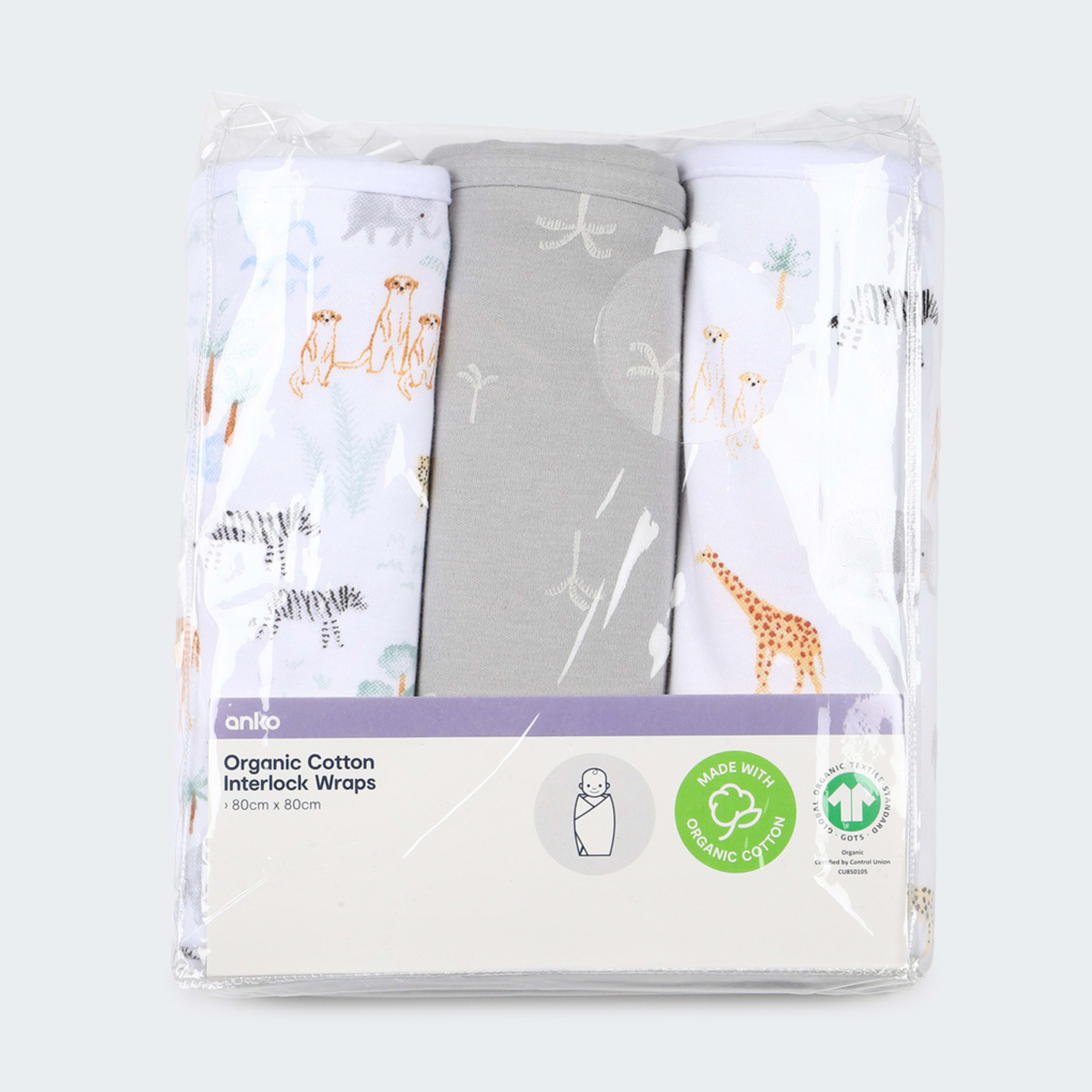 3 Pack Organic Cotton Interlock Wraps Safari Kmart