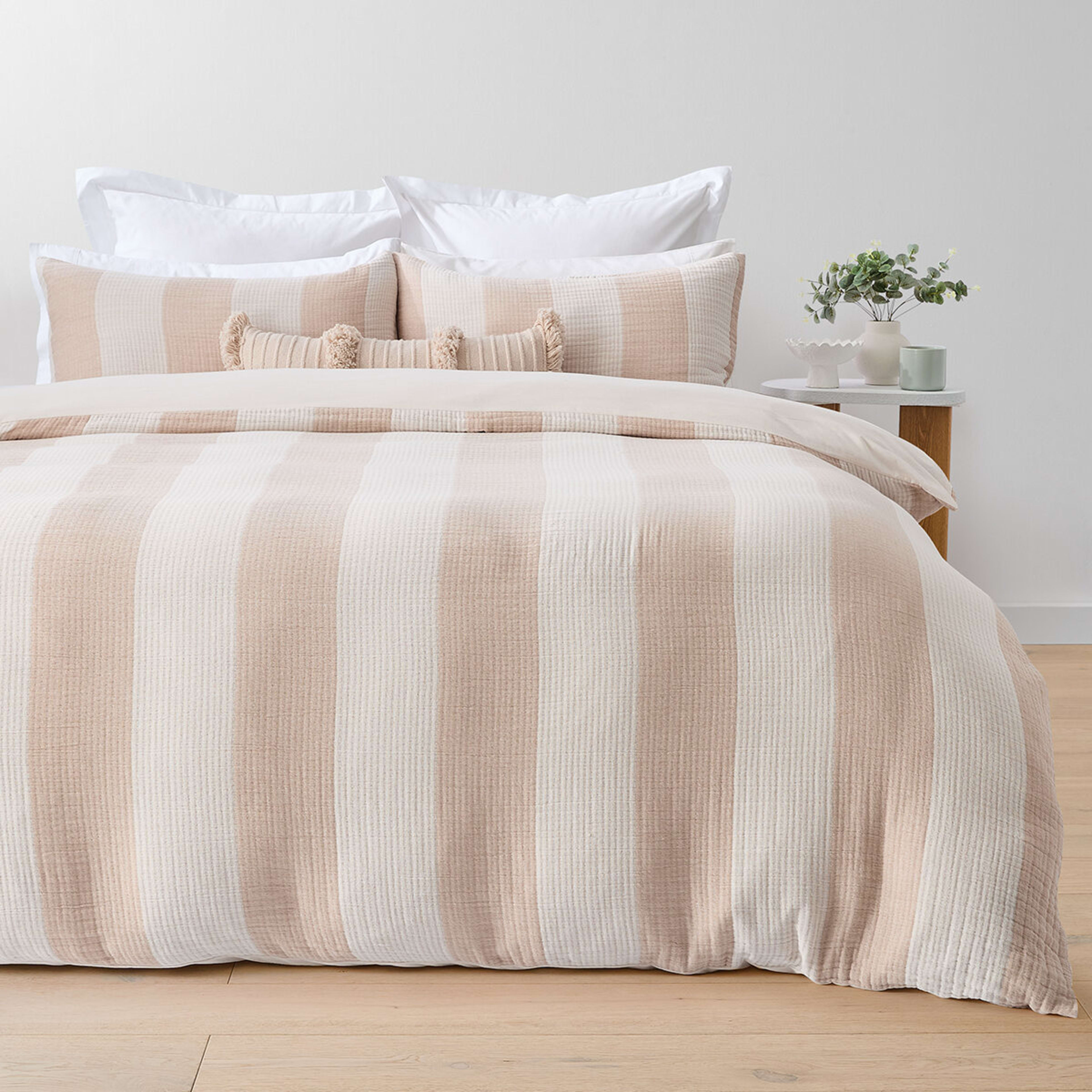 1 Stripe Muslin Cotton Quilt Cover Set - Double Bed, Ivory, 1 of 6