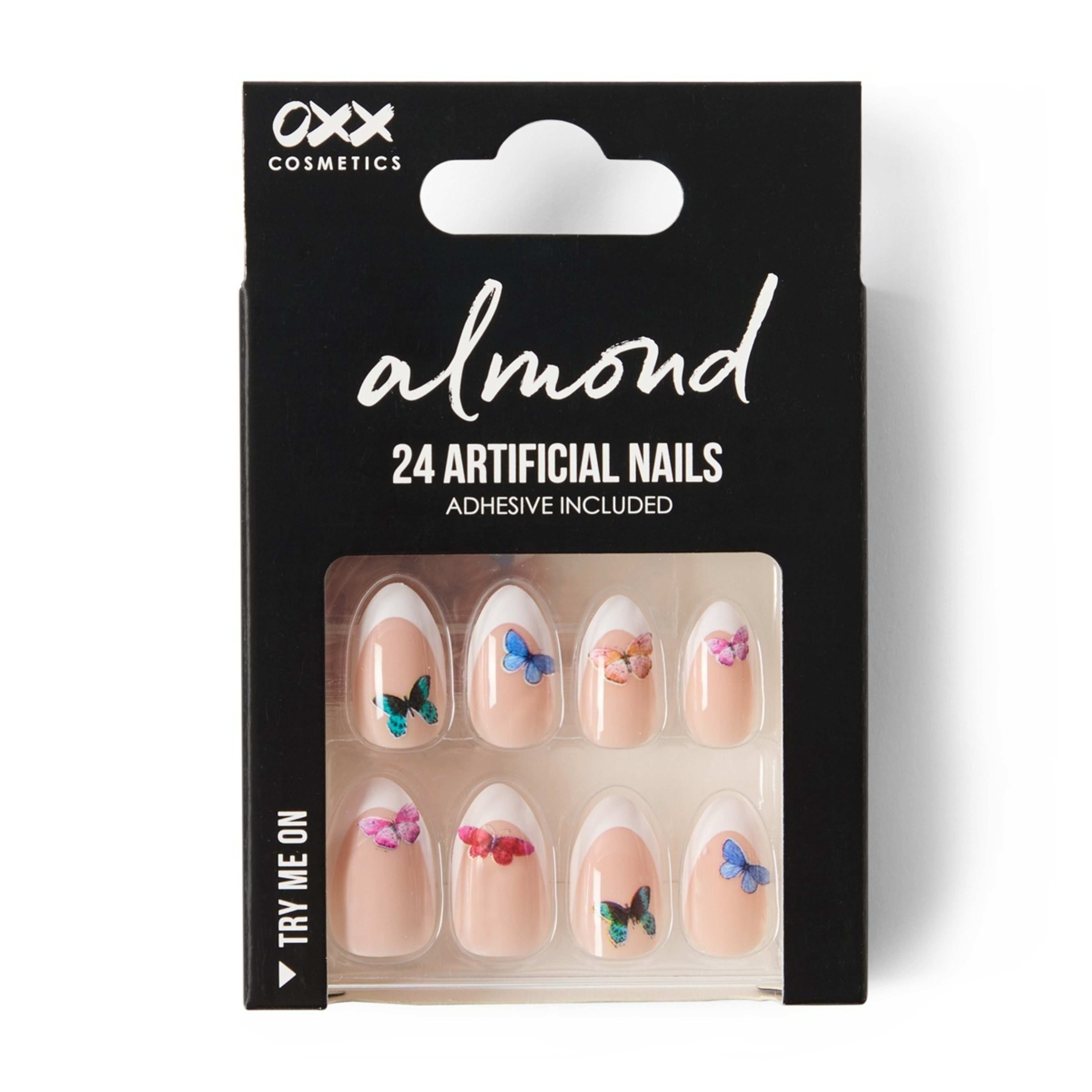 1 OXX Cosmetics 24 Pack Artificial Nails with Adhesive - Almond Shape, Butterfly