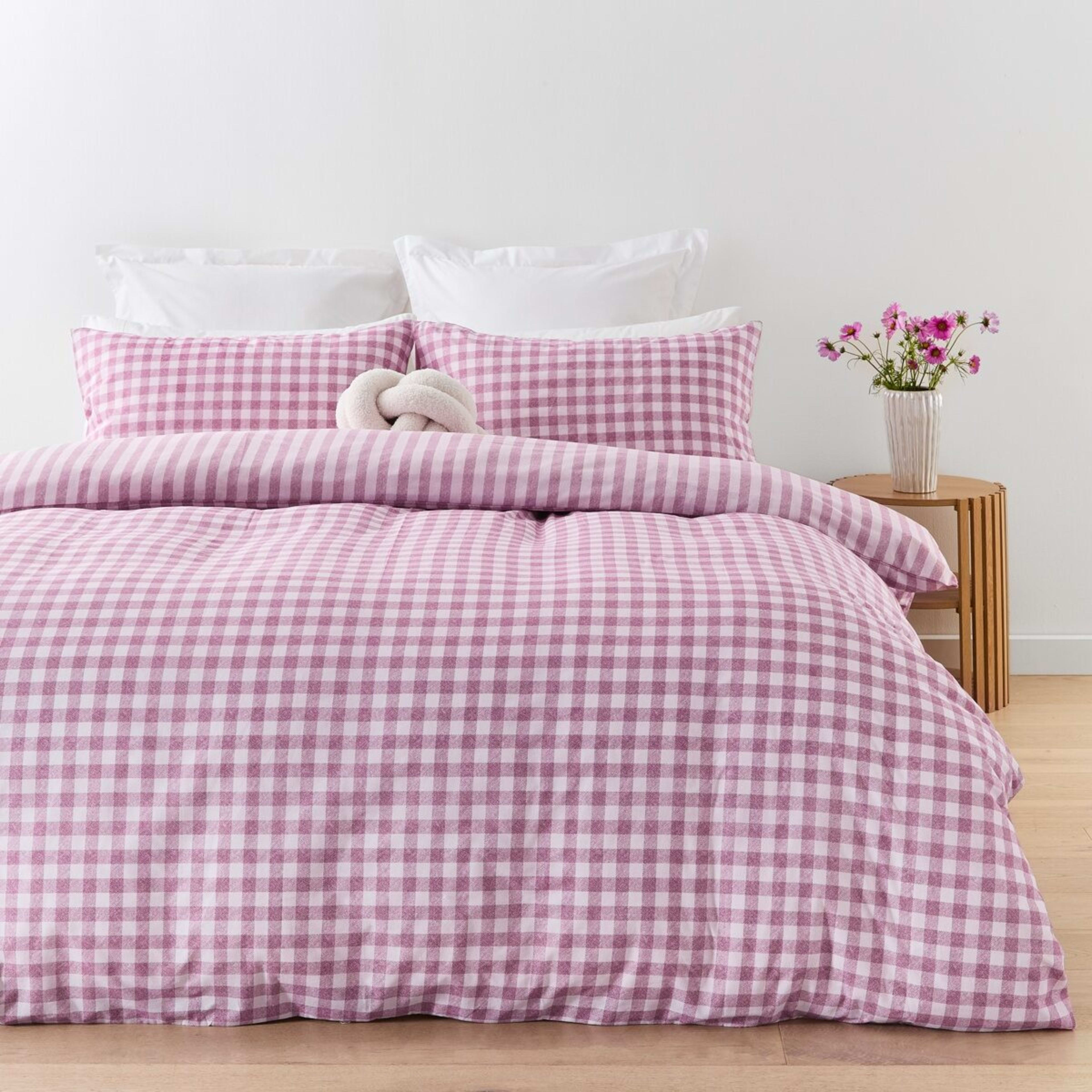 1 Gingham Cotton Rich Reversible Quilt Cover Set - King Bed, Berry, 1 of 7
